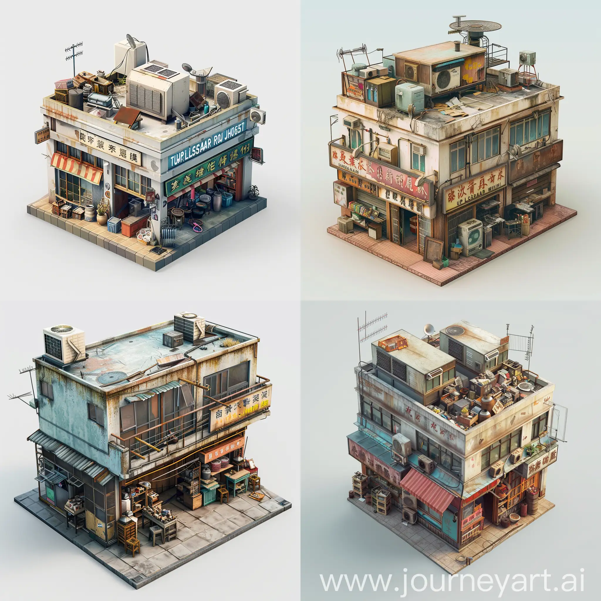 tiny Cluttered Junk Shop at Upper Lascar Row Antique Market located in the real location, in hong kong with 3d isometric game style on blank background. The roof top should have air conditioner system. The model should be appropriate with a cube shape, quality in 4k and high detailed