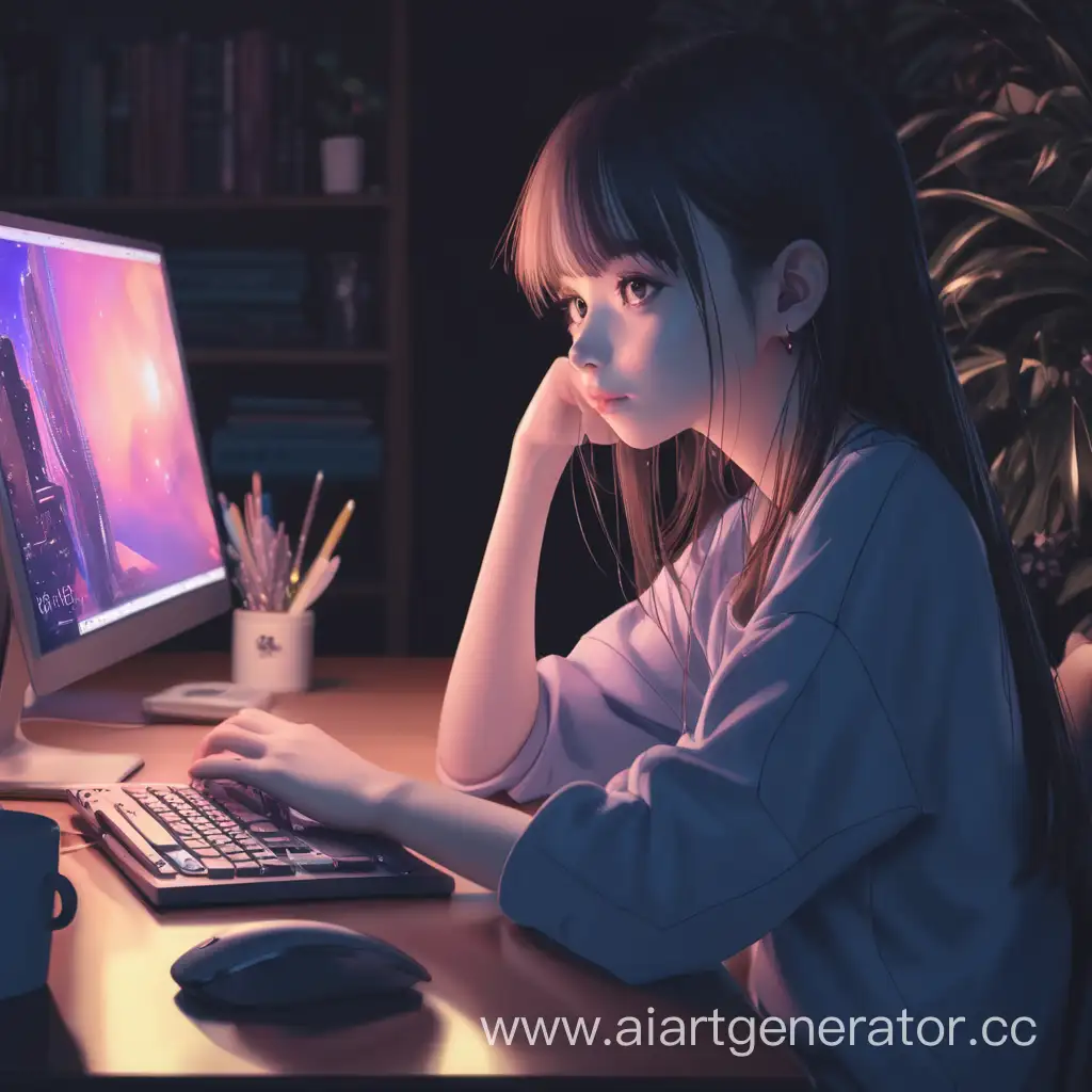 Young-Woman-Using-Computer-at-Night