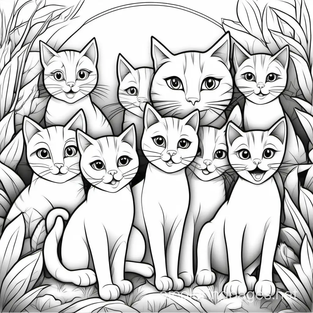 cheerful grayscale coloring page
Of cats
, Coloring Page, black and white, line art, white background, Simplicity, Ample White Space. The background of the coloring page is plain white to make it easy for young children to color within the lines. The outlines of all the subjects are easy to distinguish, making it simple for kids to color without too much difficulty