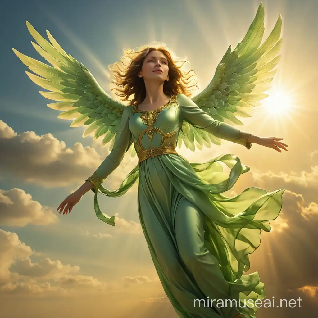 Radiant Green Angel Descending from the Sun