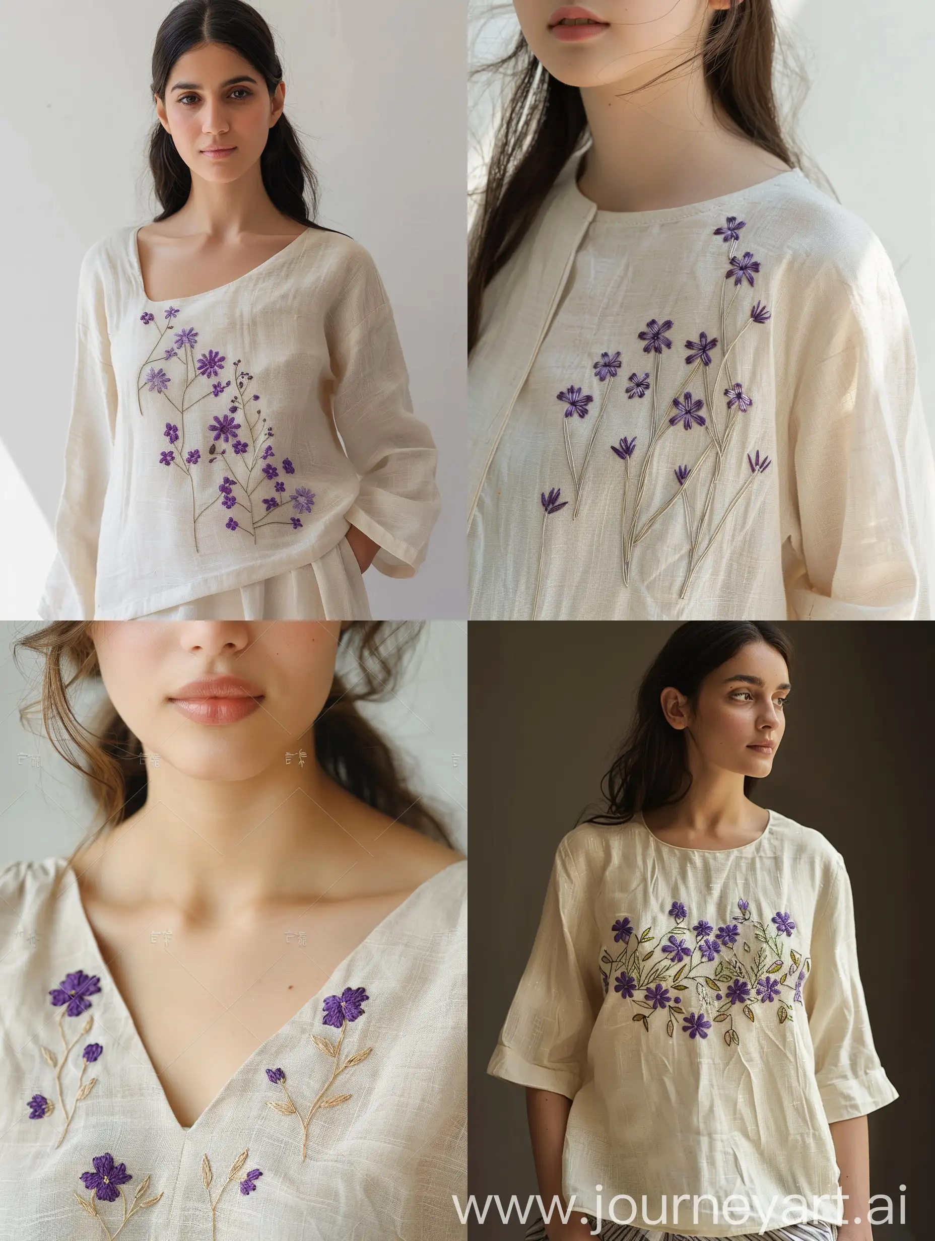 Women's blouse, with embroidery, cream color, linen material, handmade embroidery design of small purple flowers, with small and low embroidery on one side.
