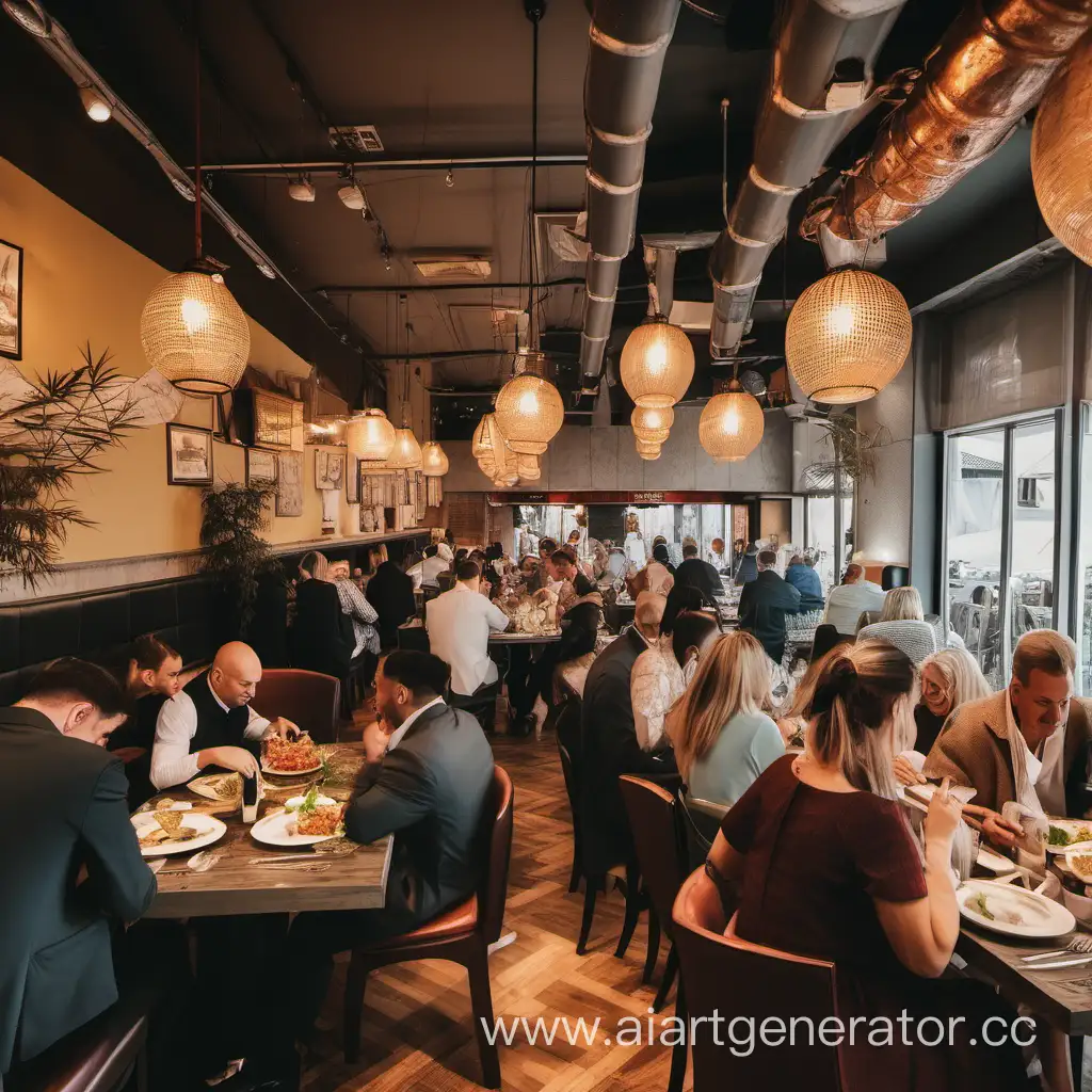 image of a restaurant with full details ans tables and people are eating their food