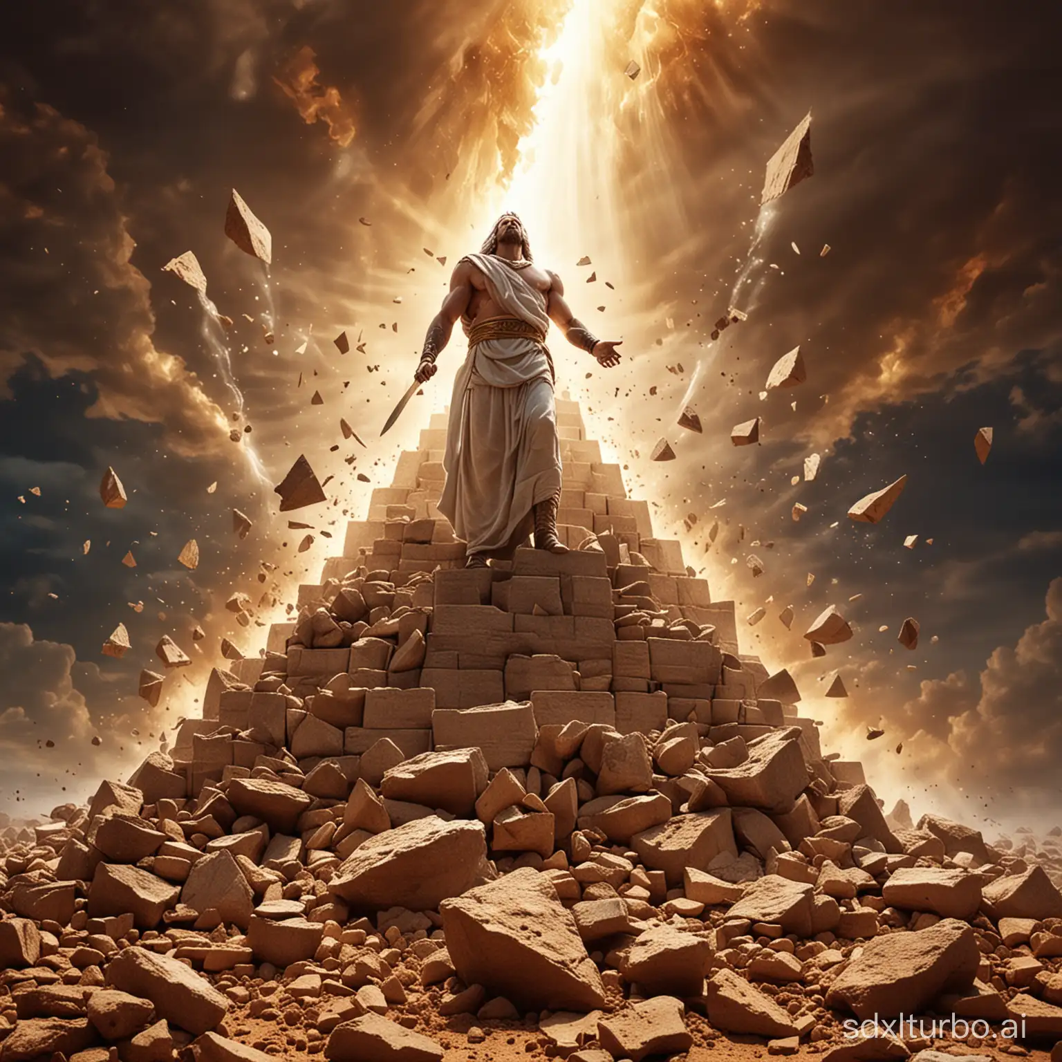 god coming down from heaven smashing evil pyramid into pieces