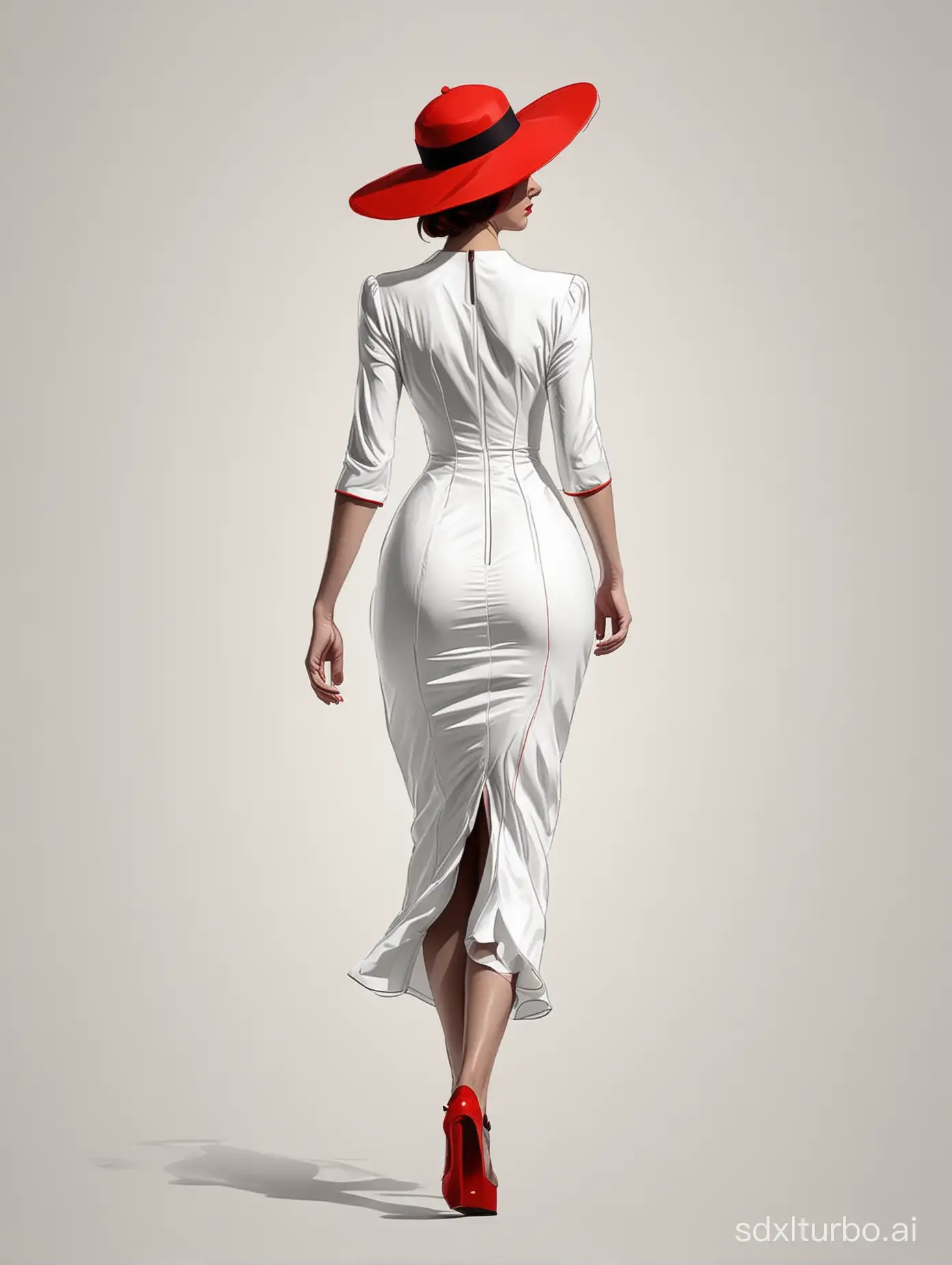 A woman in an elegant white dress and red hat walks along the runway, huge breast，her silhouette outlined with bold lines against a clean background. The minimalist style captures every detail of her figure with simple shapes and clear lines, creating a sense of sophistication that resonates across all art forms. High resolution. Black line illustration in the style of on White Background.