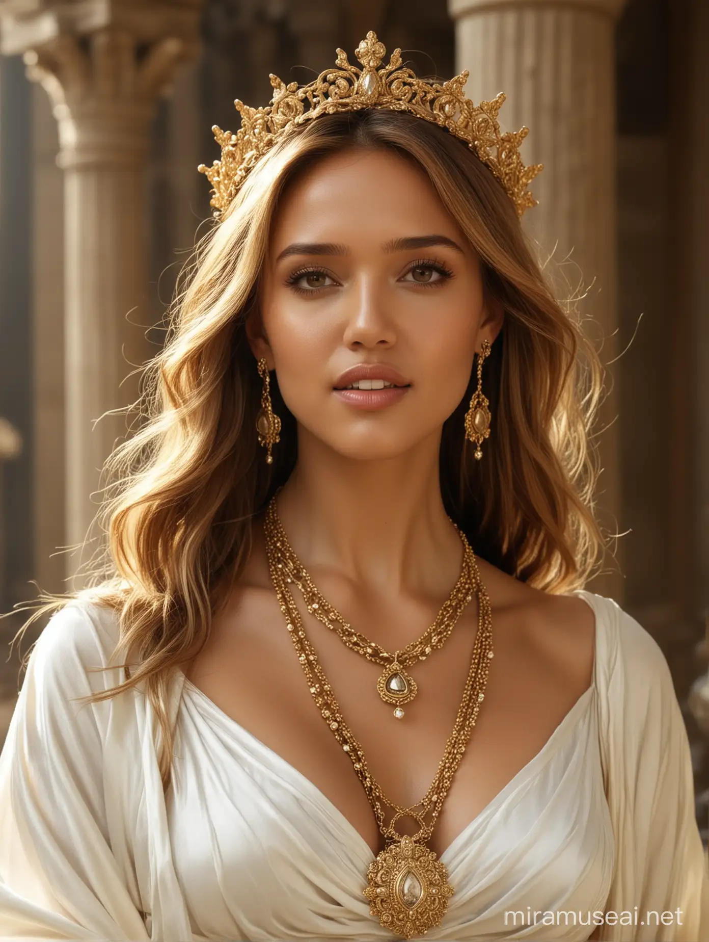Jessica Alba as the goddess Freya come to life, 40 years old, sexy, alluring, enticing, ethereal, ultimate beauty, perfect body, knee-length portrait, large natural shaped breasts, expensive jewelry, Peplos, a spectral golden nimbus surrounds her, ultra sharp, random details, imperfection, skin texture, skin pores, in a temple dedicated to her, She is wearing attire befitting her status as a goddess of love and fertility, adorned in flowing robes that accentuate her figure, she is wearing ornate jewelry, such as her magical necklace, the Brísingamen, which adds to her radiant appearance.