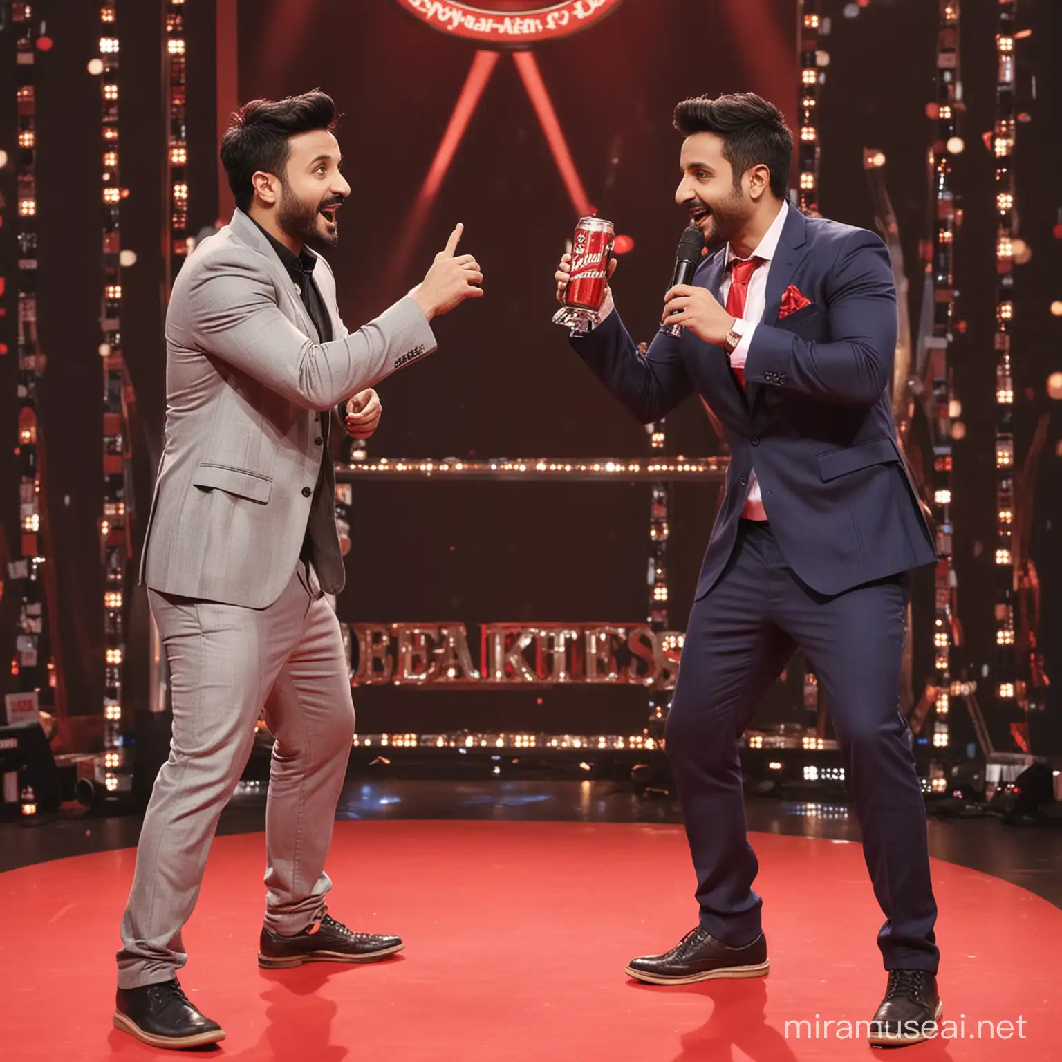 Comedian Vir Das playing a talkshow host with actor Vedang Raina who are engaged in a dance off segment of the show. The show is called 'Cheers To The Smooth Ones' whose logo should be at the top. Try and integrate Budweiser in as well