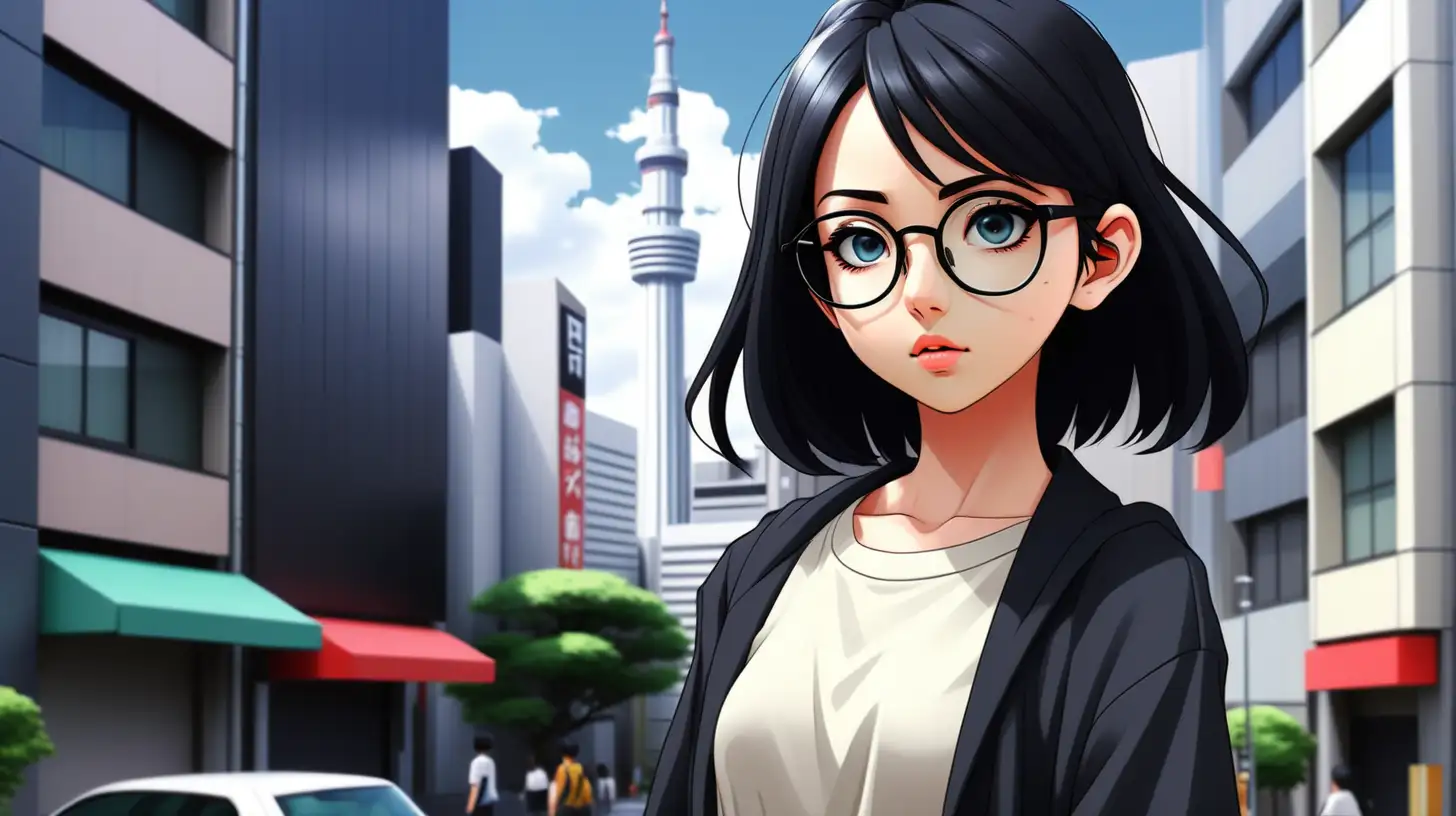 beautiful anime young girl, was walking leisurely, wearing glasses, black hair, modern clothes, Tokyo city background with beautiful buildings, simple full color, high quality, lively eyes, dark, gloomy, dark color, natural eyes, hd, hyper realistic,