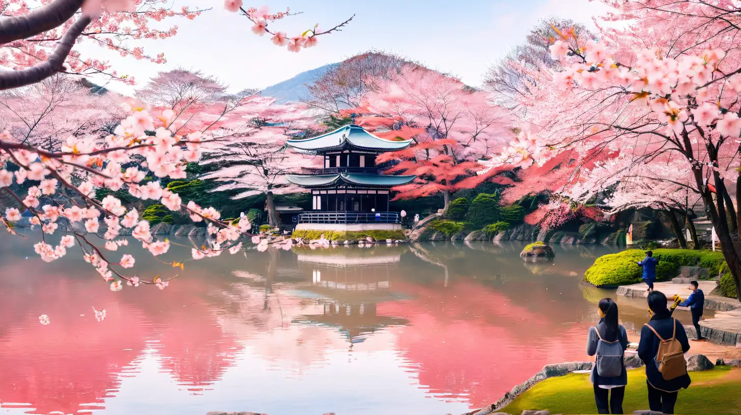 Tranquil Lake with Sakura Blossoms Reflecting Peaceful Serenity