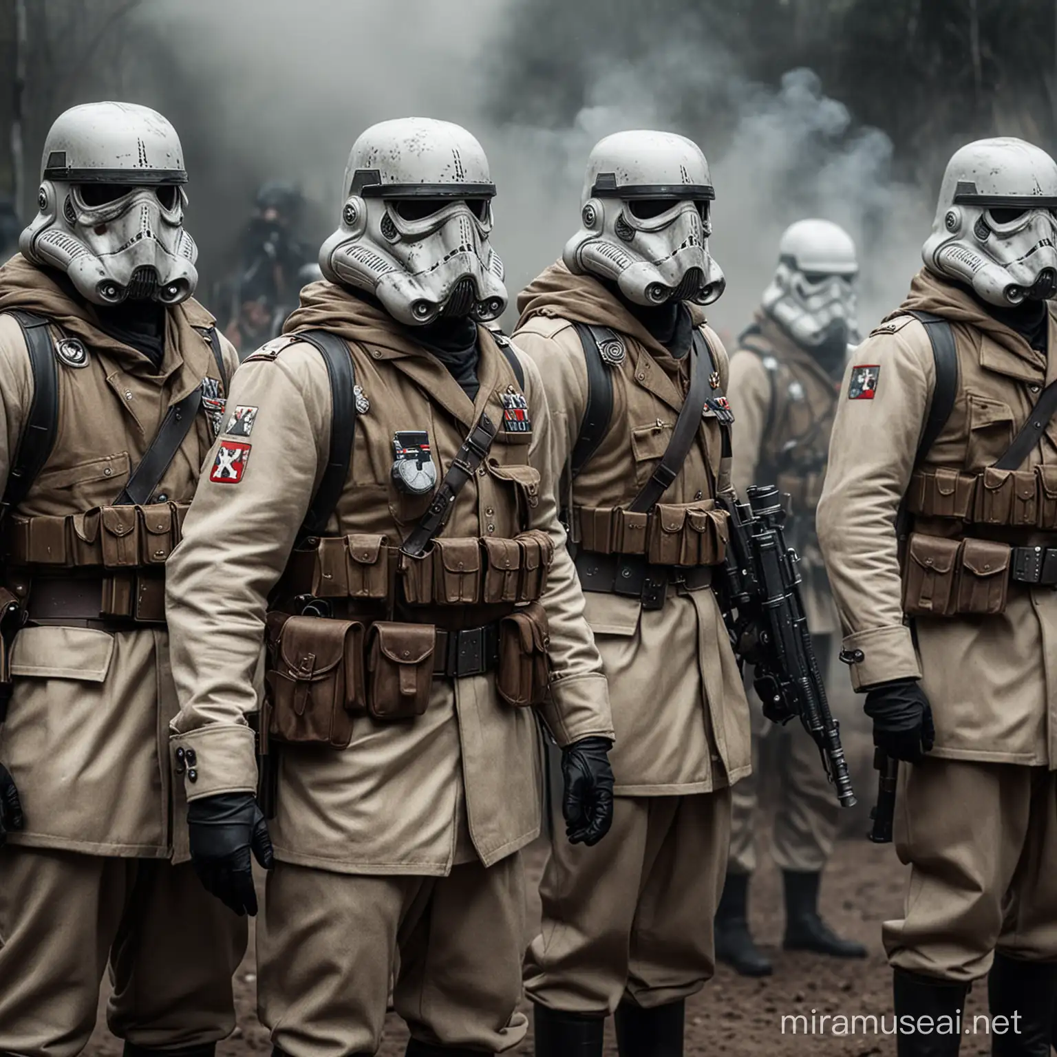 advanced nazi soldiers with gas masks and stormtrooper coats