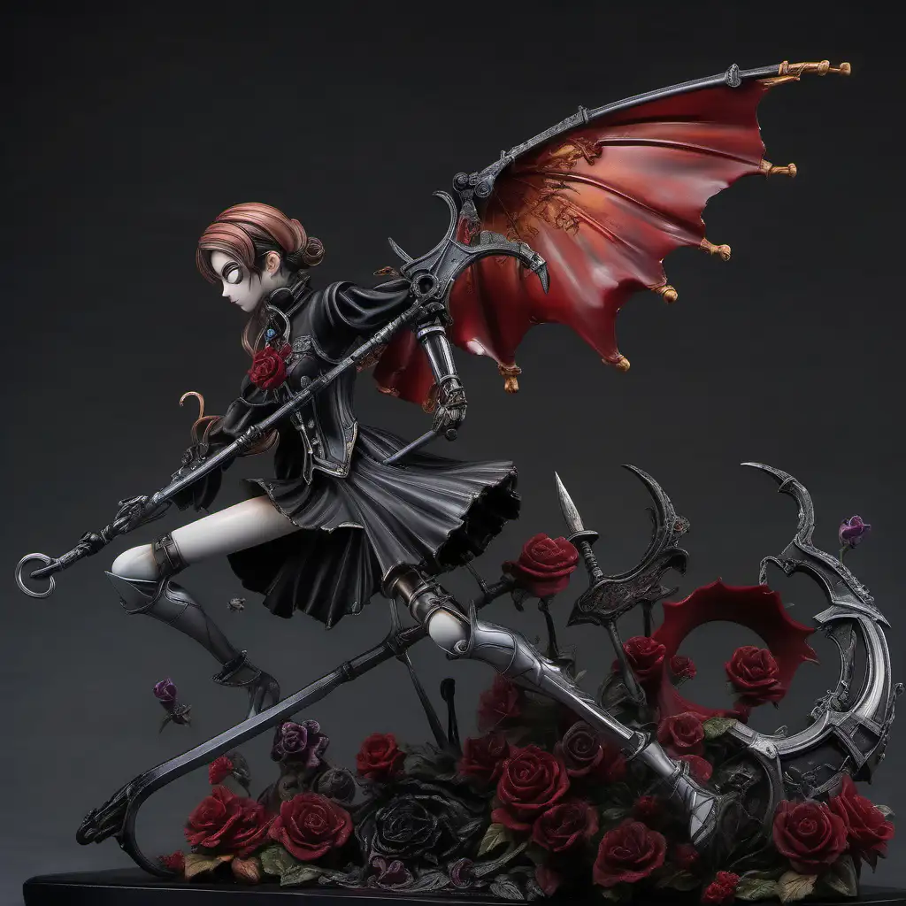 a large anime figurine of a tall girl holding a large scythe, highly detailed, in dark victorian dress with mecha finishing, sexy, hyper-realistic, luminous glazes, high fashion aesthetic, detailed foreground, graveyard of swords

