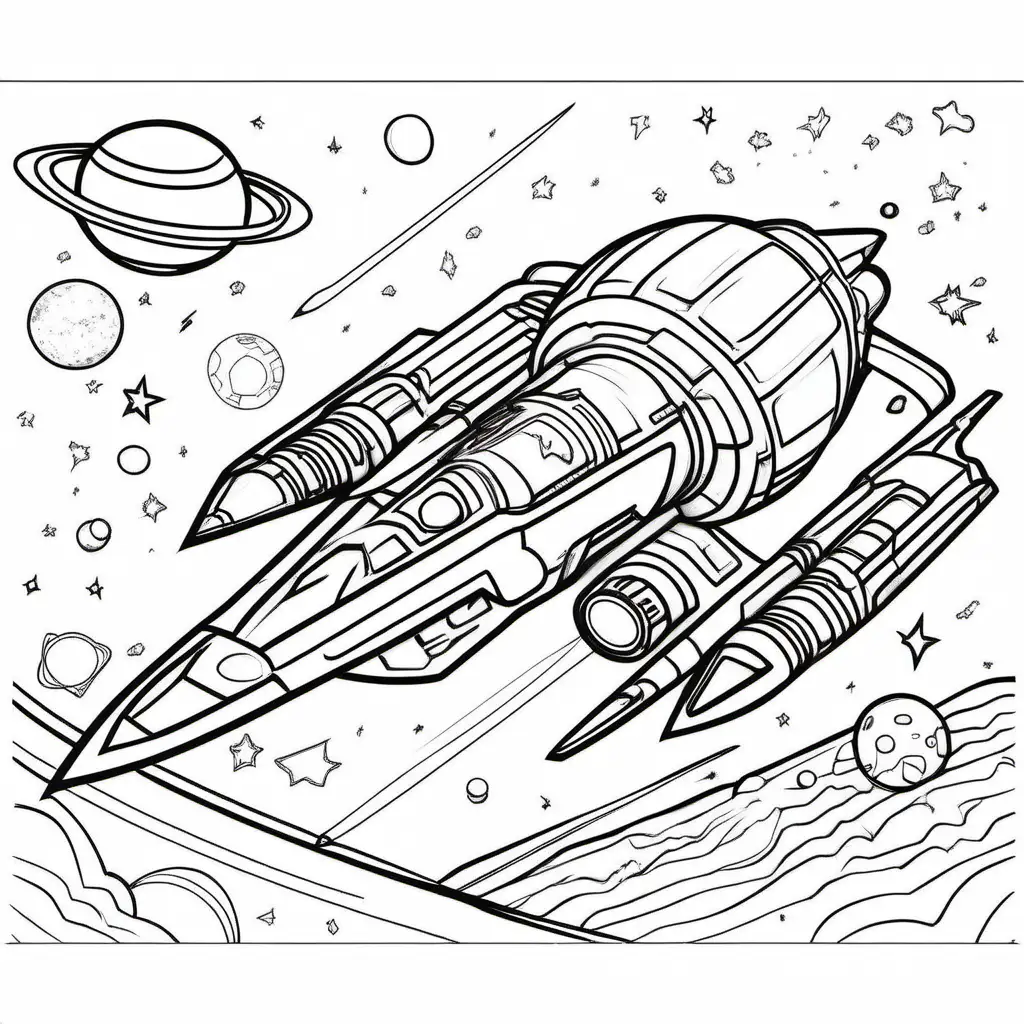 explorador galactico and spaceship, Coloring Page, black and white, line art, white background, Simplicity, Ample White Space. The background of the coloring page is plain white to make it easy for young children to color within the lines. The outlines of all the subjects are easy to distinguish, making it simple for kids to color without too much difficulty