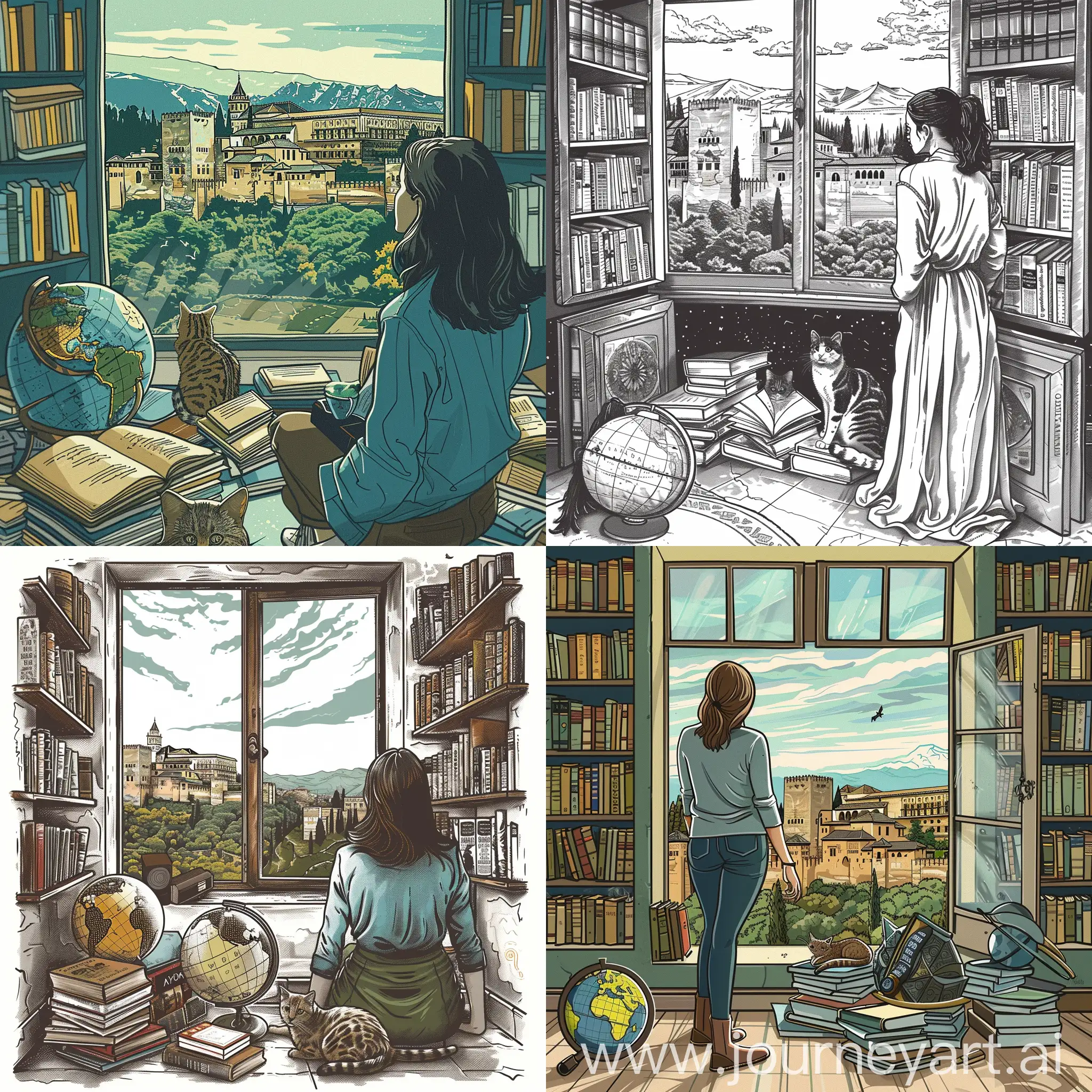 create an image with the exlibris style, so only the lines with the following image:  a woman looking out the window to alhambra in granada, and there is a world globe, a cat and a pile of books on the floor.