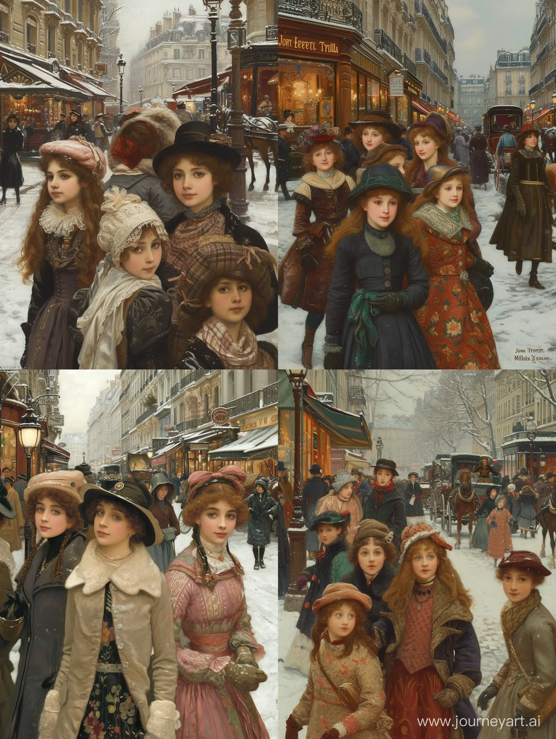Subject: The central theme of the image is a winter scene in Paris in 1910, capturing the essence of a busy street. The focus is on a group of elegant girls, highlighting the fashion and lifestyle of the time. The artist, John Everett Millais, skillfully brings the historic setting to life through his oil painting. Setting: The background features a bustling street in Paris during winter, creating a lively atmosphere with people engaging in various activities. The winter setting adds a charming touch, with perhaps snow-covered streets and vintage architecture. Style/Coloring: Millais employs the classic style of oil painting, using rich and warm colors to evoke the ambiance of the early 20th century. The winter palette may include cool tones like blues and grays, contrasting with the vibrant colors of the girls' clothing. Action: The girls are depicted engaging in daily life activities, suggesting movement and vivacity. Millais captures the dynamic energy of the busy street, enhancing the narrative of the era. Items/Costume: The girls are likely adorned in fashionable clothing of the time, showcasing the trends and styles prevalent in 1910 Paris. The painting may feature accessories such as hats, gloves, and other period-specific items. Appearance: The characters' appearances are refined and sophisticated, reflecting the societal norms and fashion of the early 20th century. Millais pays attention to detail, emphasizing the unique facial expressions and features of each individual. Accessories: The accessories in the painting, such as street lamps, horse-drawn carriages, and storefronts, contribute to the historical context. These details add depth and authenticity to the overall composition.