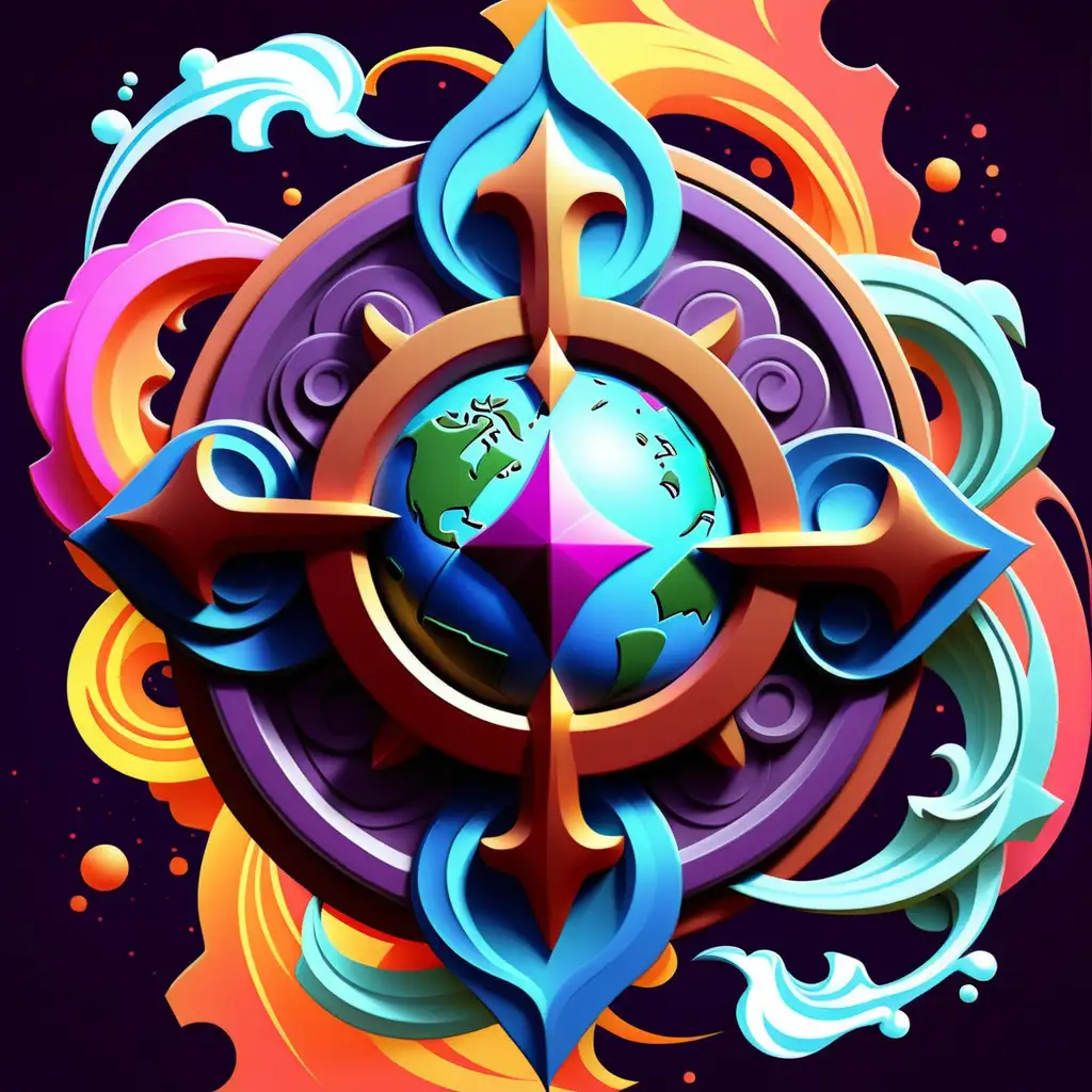 Create me an attacking symbol like a crest with a modern twist  for a card game ,  include earcth , wind , water and fire has to be mystic  Make it psychedelic pop

