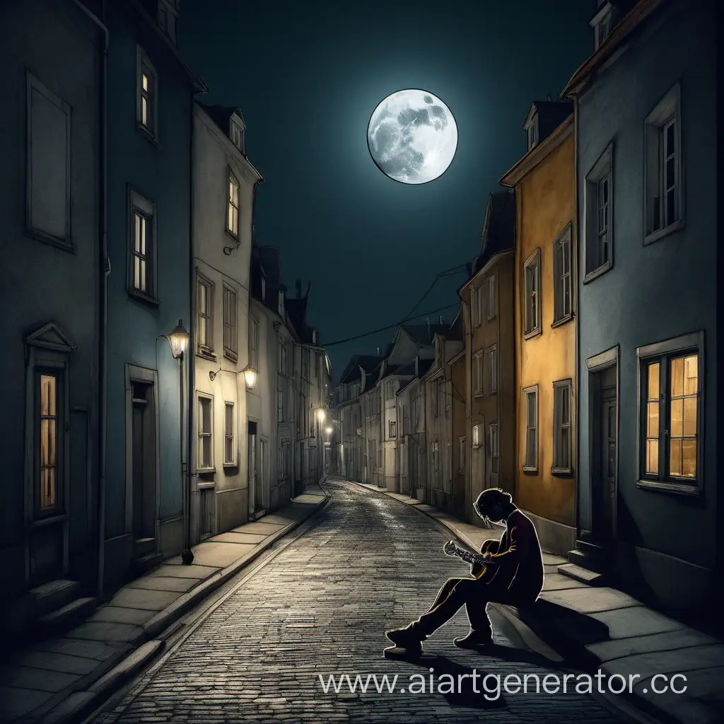 Ночь. Гитарист сидит на бордюре по среди узкой европейской улочки, вдали за домами виднеется полная луна. Меланхоличный вайб .

