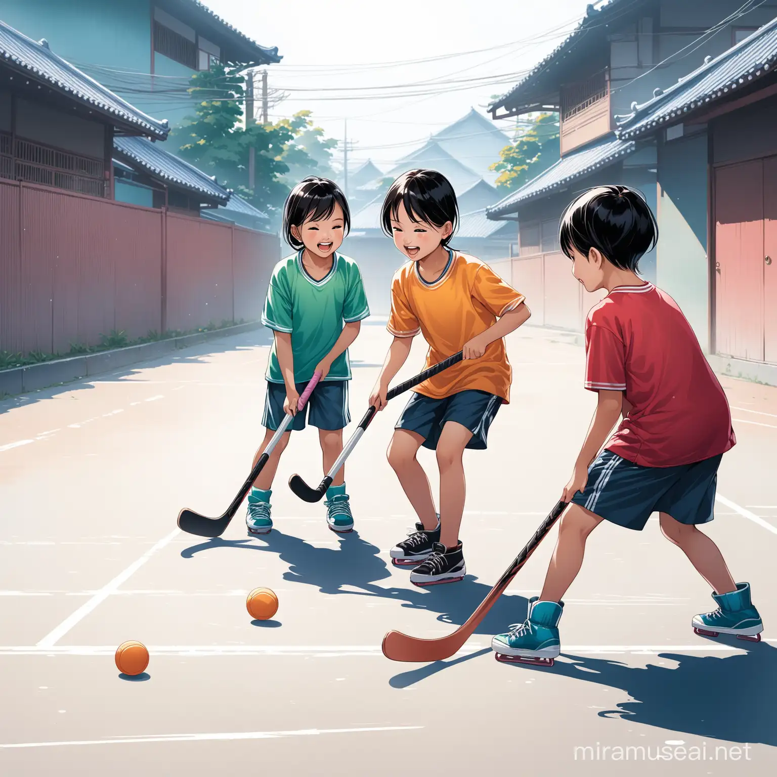 Asian children playing street hockey