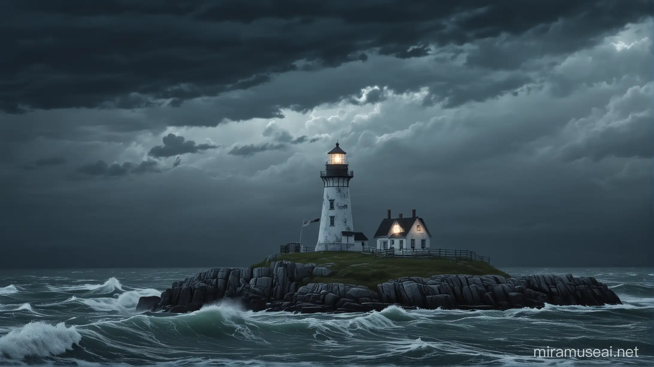 nova scotia shabby lighthouse at night  and storm clouds, cinamatic, realistic, blue shade
