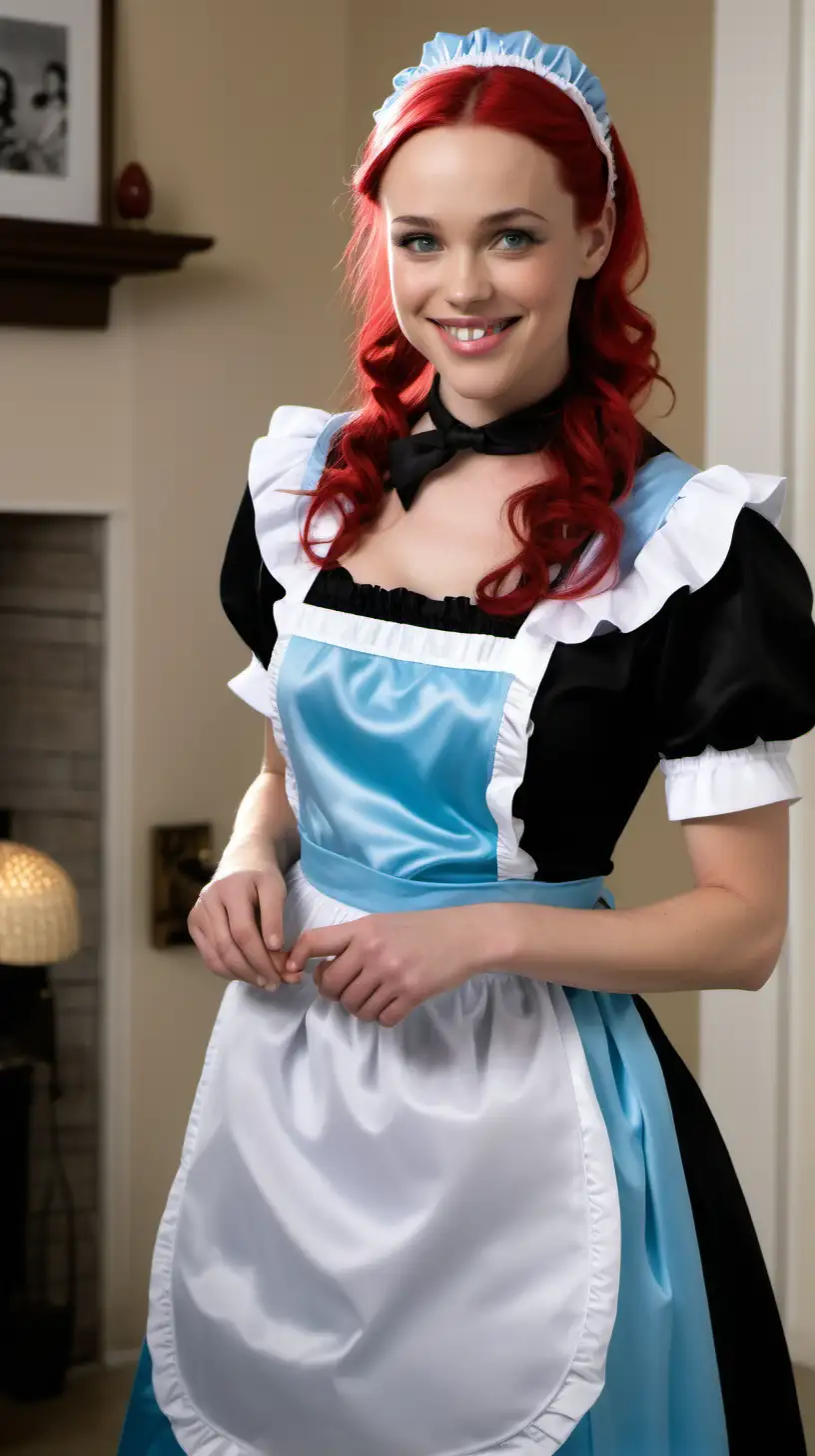 girls in long crystal silk   retro strong style sky BLUE and lila
 english maid gown with  apron and peter pan colar and long and short sleeves costume and milf mothers long blonde and red hair,black hair rachel macadams  smile in house