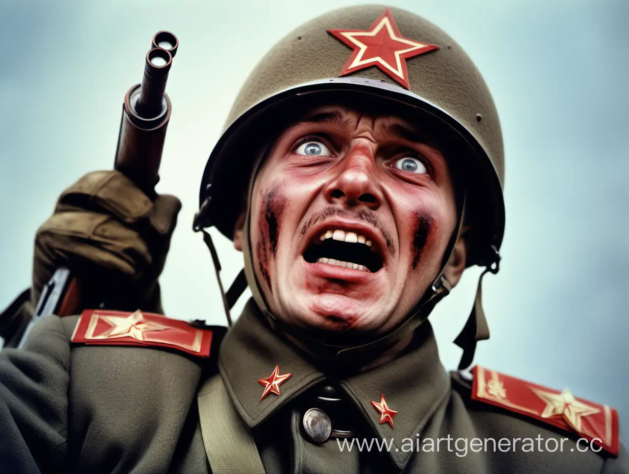 Советский солдат смотрит вверх с безумием цветная картинка
