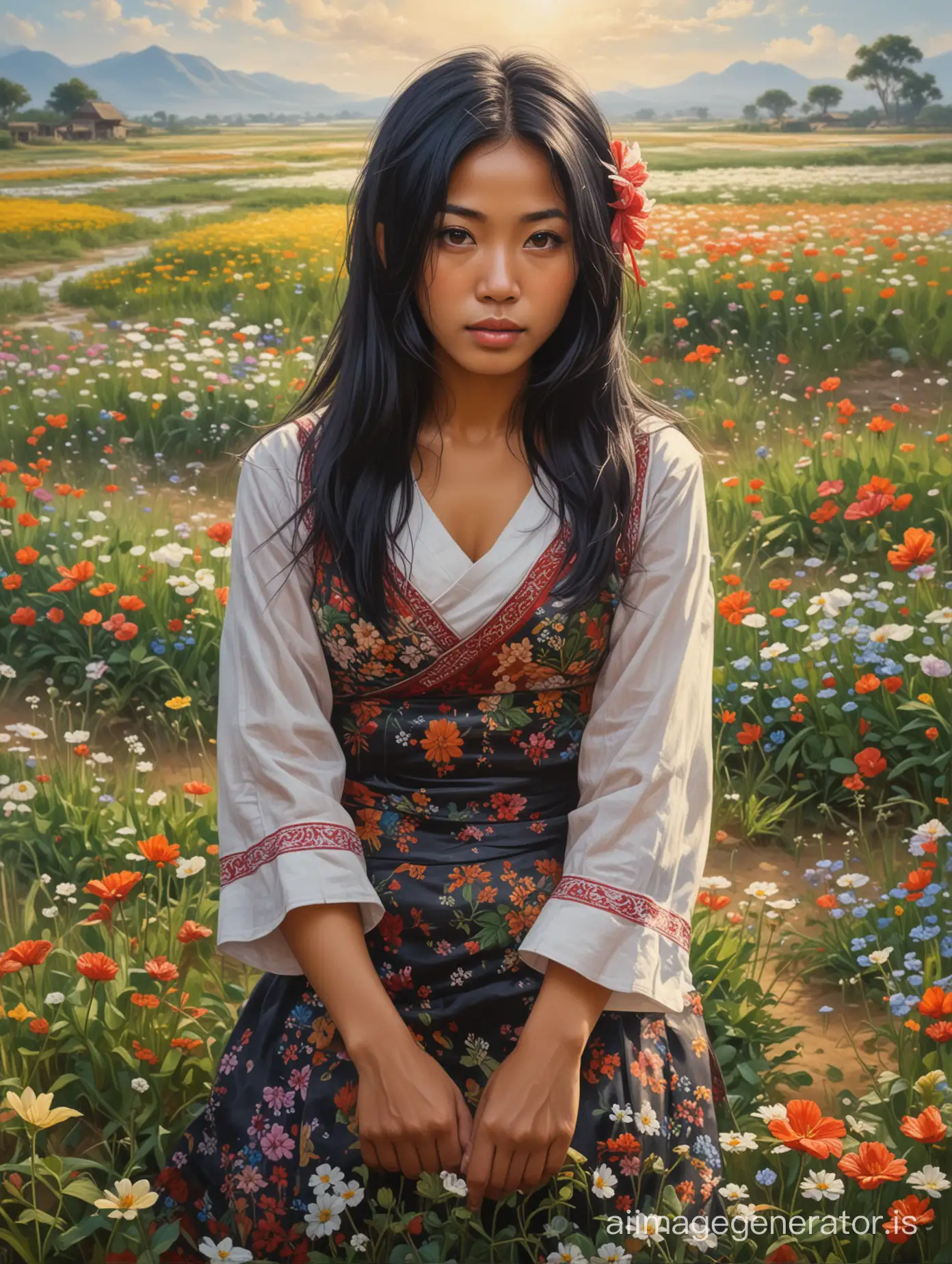 Oil painting of a beautiful exhausted tanned Vietnamese maid with long Black hair and small breasts wearing  traditional clothes in a Field of flowers