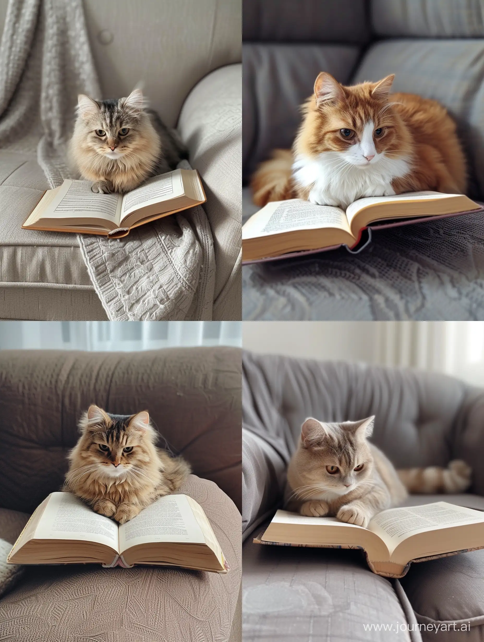 Cute cat reading book on sofa