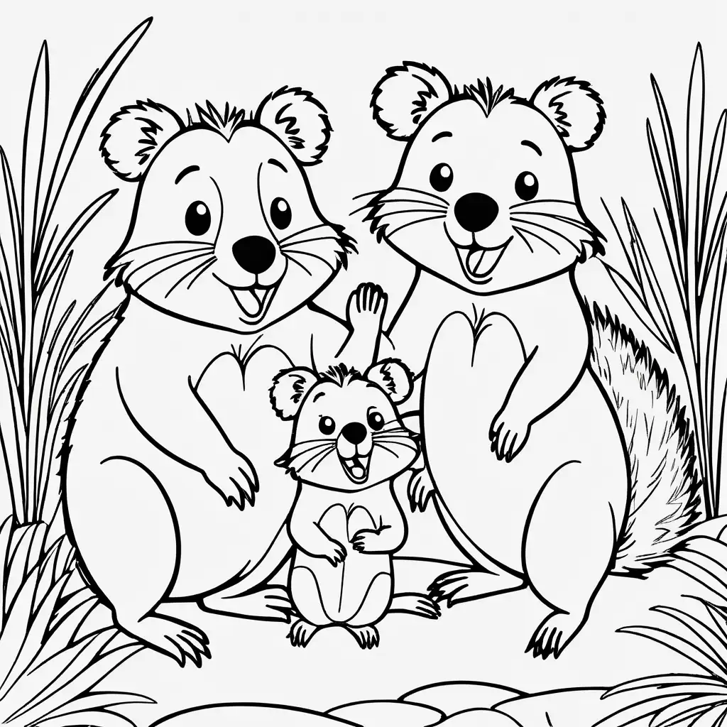 Create a coloring book page for 1 to 4 year olds. A simple cartoon cute smiling friendly faced quokka and its friendly faced parents with bold outlines in their native enviroment. The image should have no shading or block colors and no background, make sure the animal fits in the picture fully and just clear lines for coloring. make all images with more cartoon faces and smiling