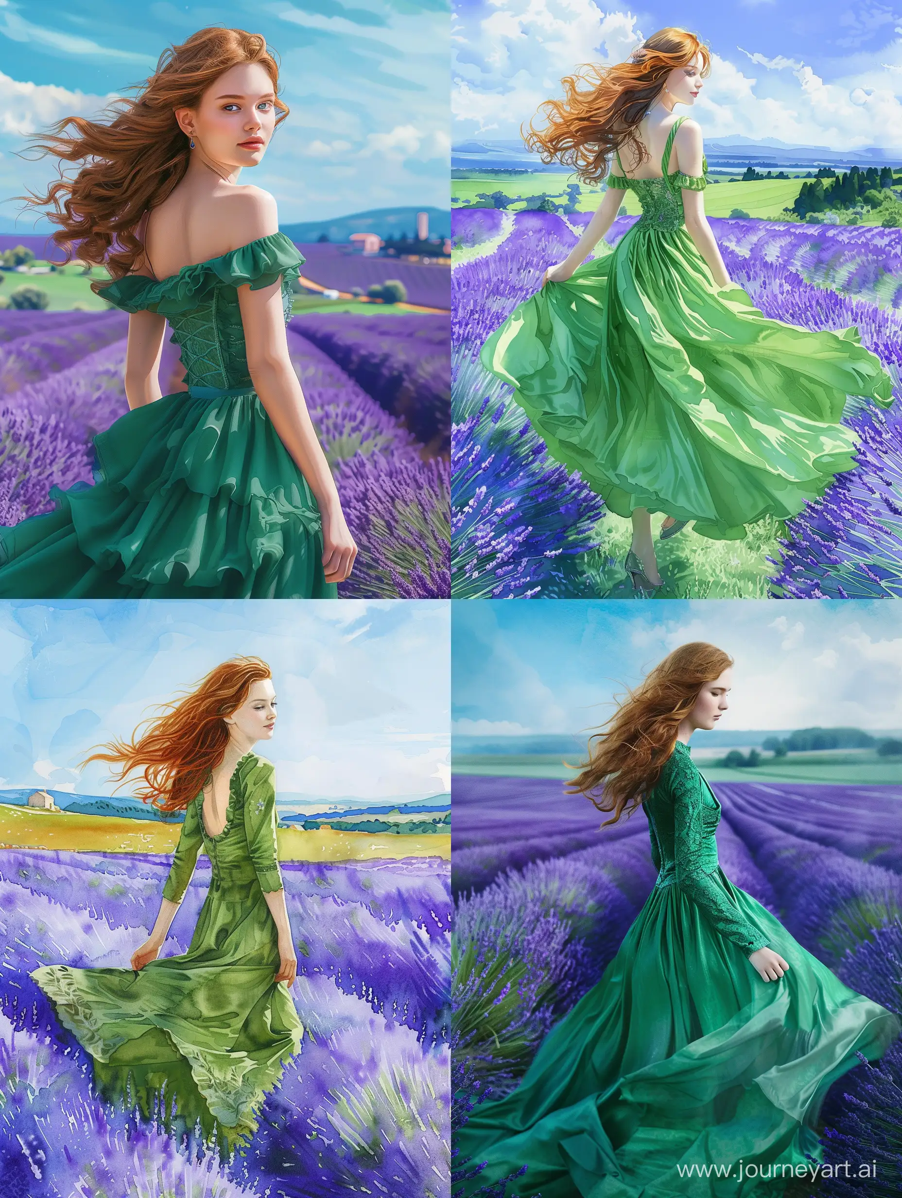 Enchanting-ChestnutHaired-Woman-Strolling-in-a-Lavender-Field