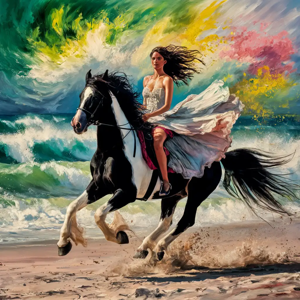 Oil painting, expressionist style, impulsive brushwork, colors of spring, it is a strong wind by the beach, a beautiful woman is riding a beautiful black and white horse, galloping fast and freely 