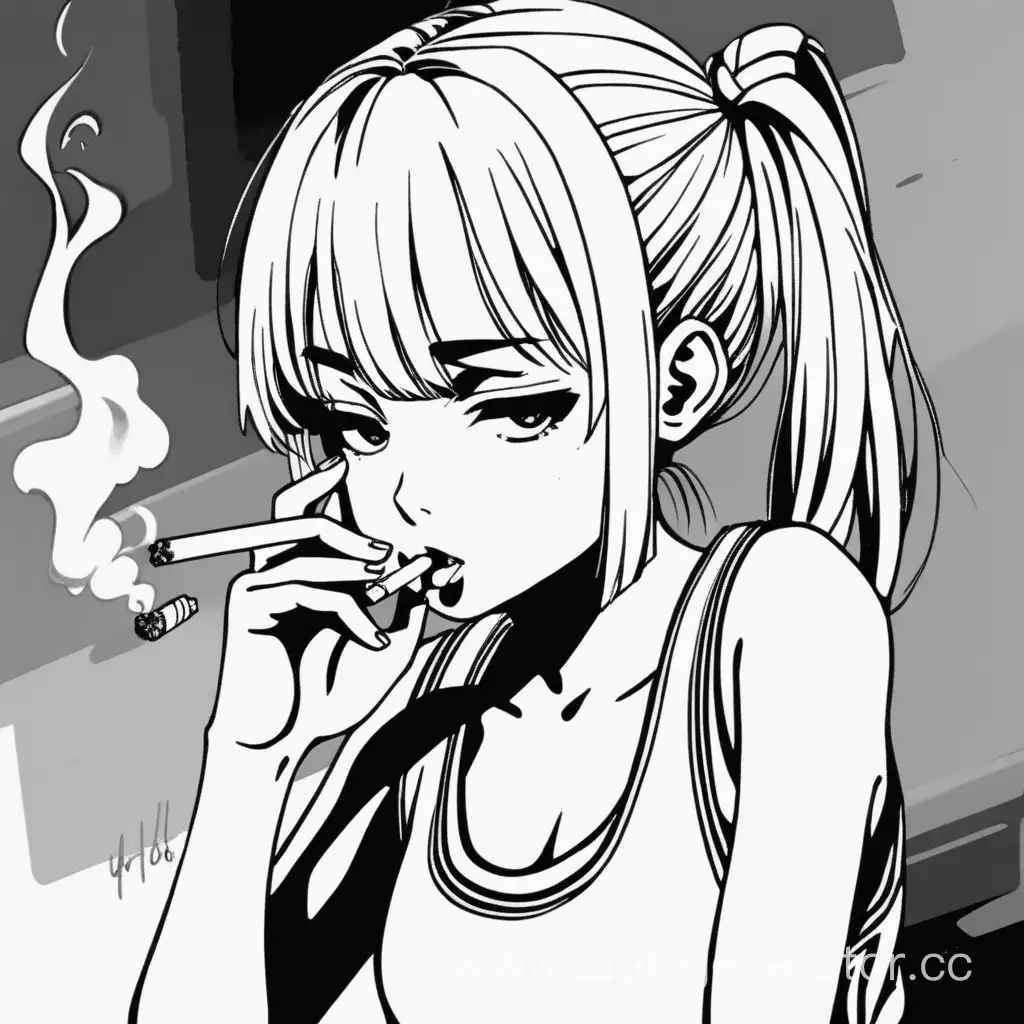 Арт в стиле черно белой манги, лоли, низкого роста, со светлыми волосами , в майке адидас , курит сигарету , на ее лице усталость и безразличие