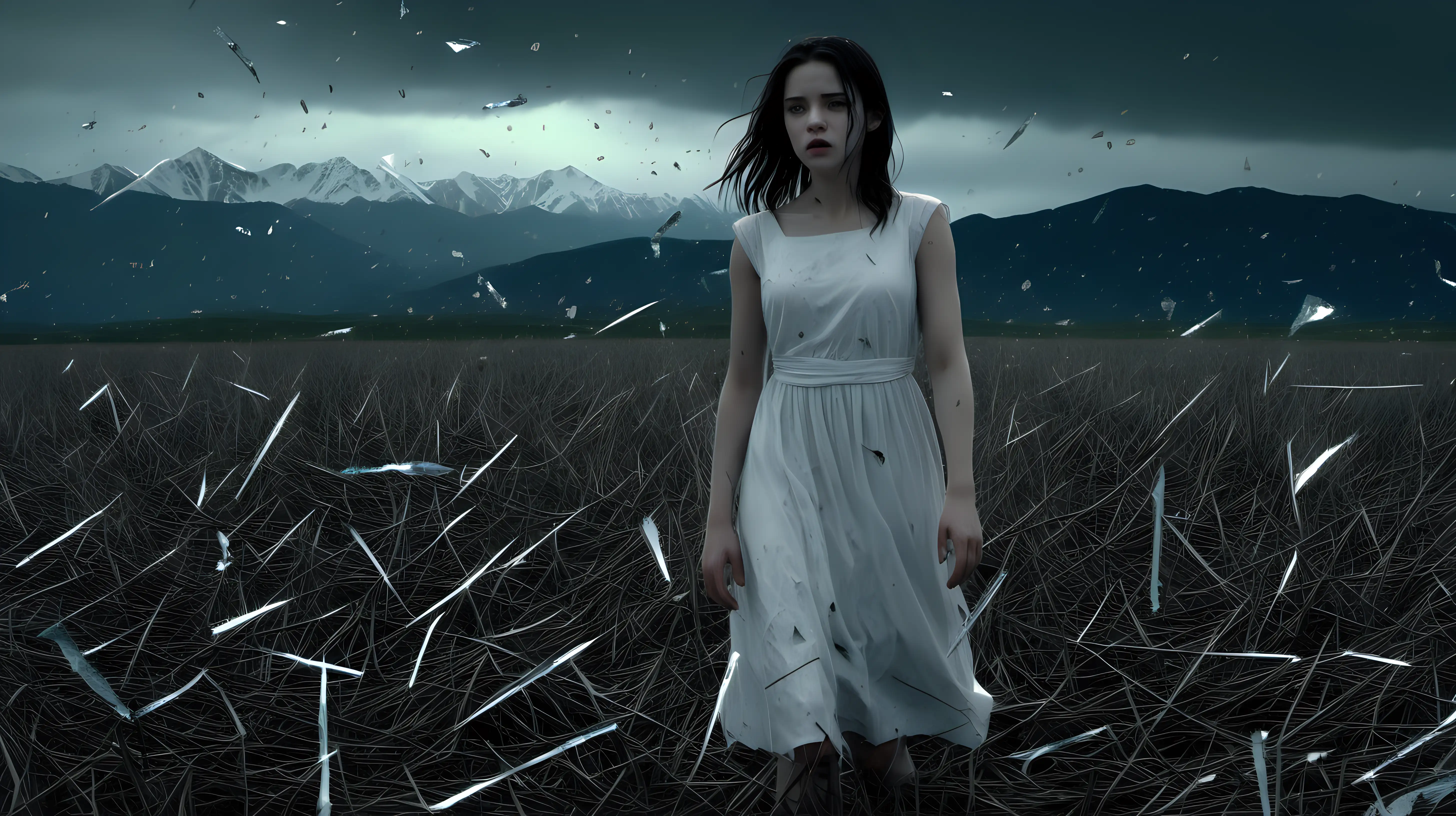 Lonely Girl in White Dress under a Grey Sky with Broken Glass Rain