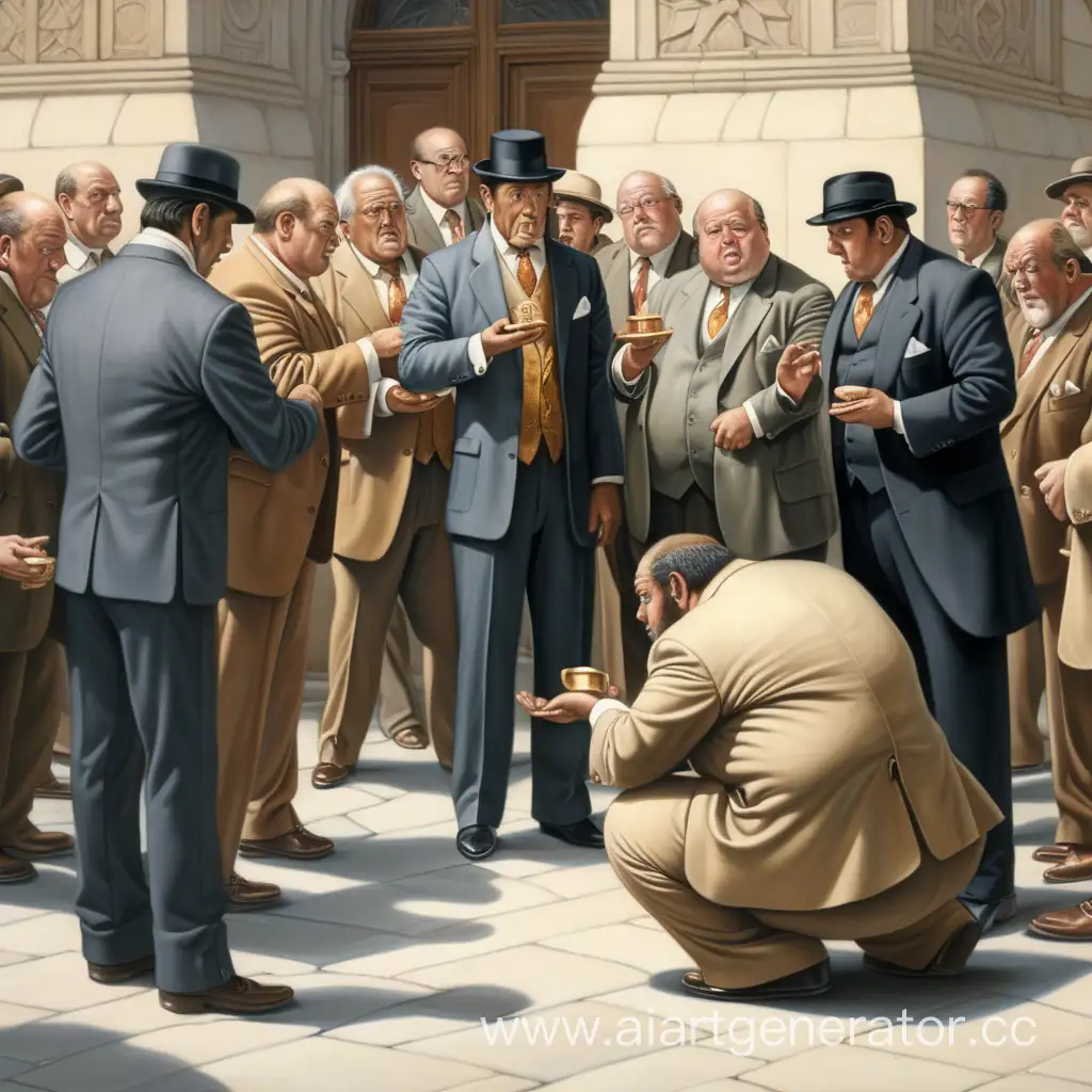 On the square, the poor beg for alms from five fat rich men in suits.