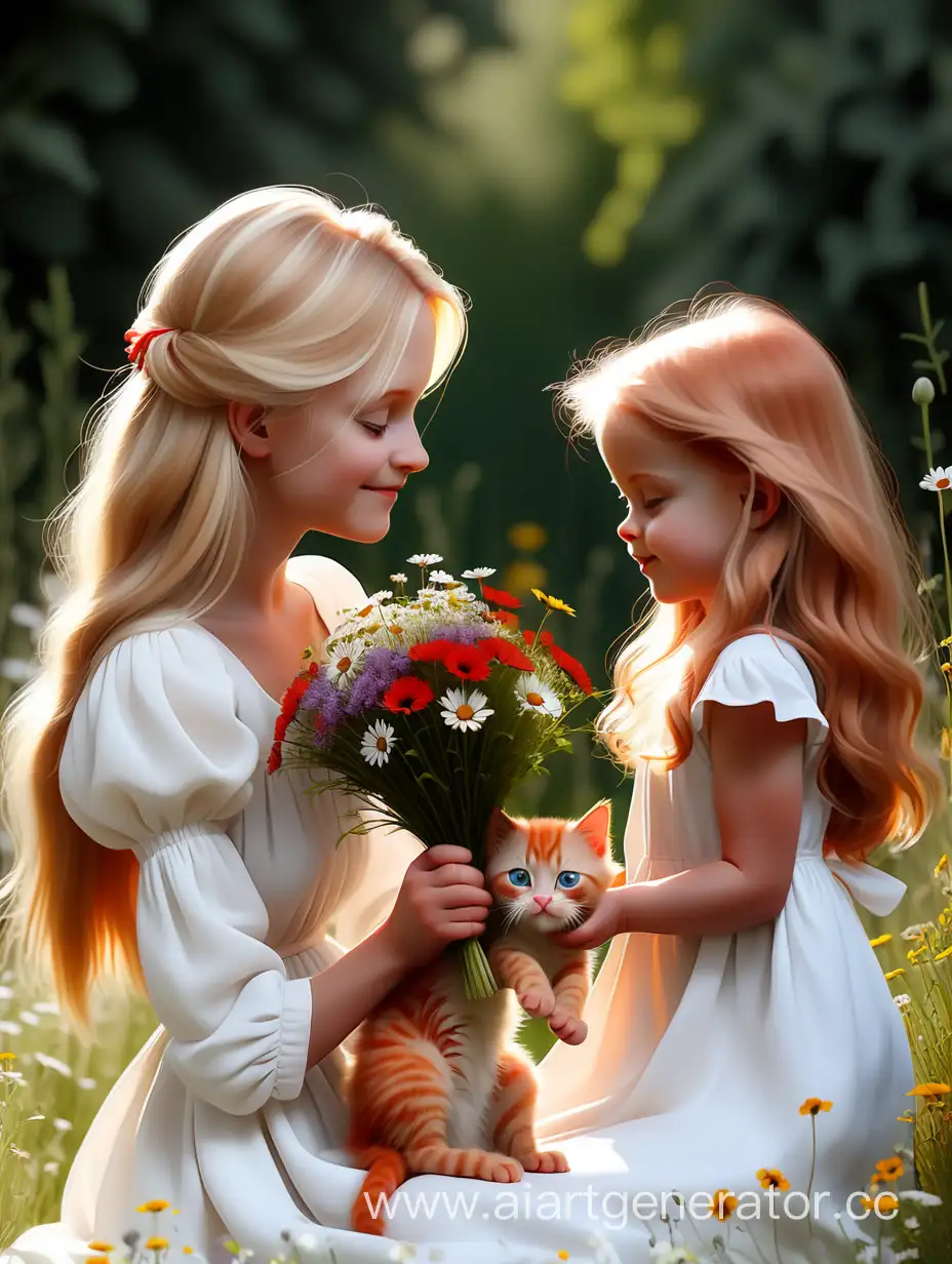 Sweet-Gesture-Adorable-Girl-Presenting-Wildflower-Bouquet-to-Mother-with-Playful-Red-Kitten