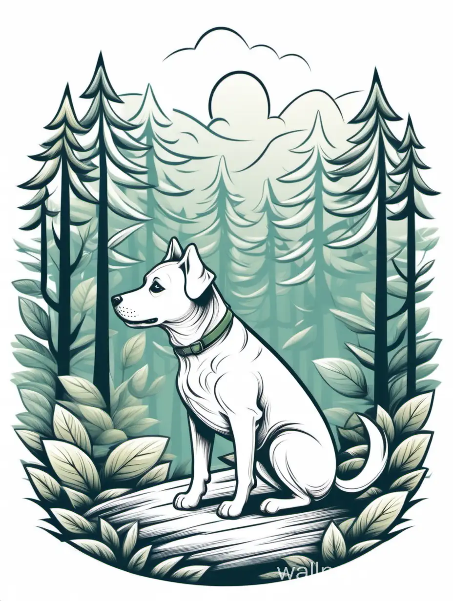 A dog exploring a tranquil forest is depicted in a whimsical style, evoking a playful mood, natural lighting. T-shirt design graphics, vector, outline, white background.