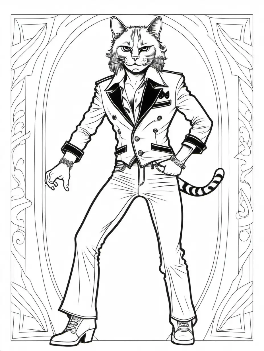Adult coloring book page. Black and white. Simple line art. Cat dressed as David Lee Roth wearing spandex pants in 1984.



