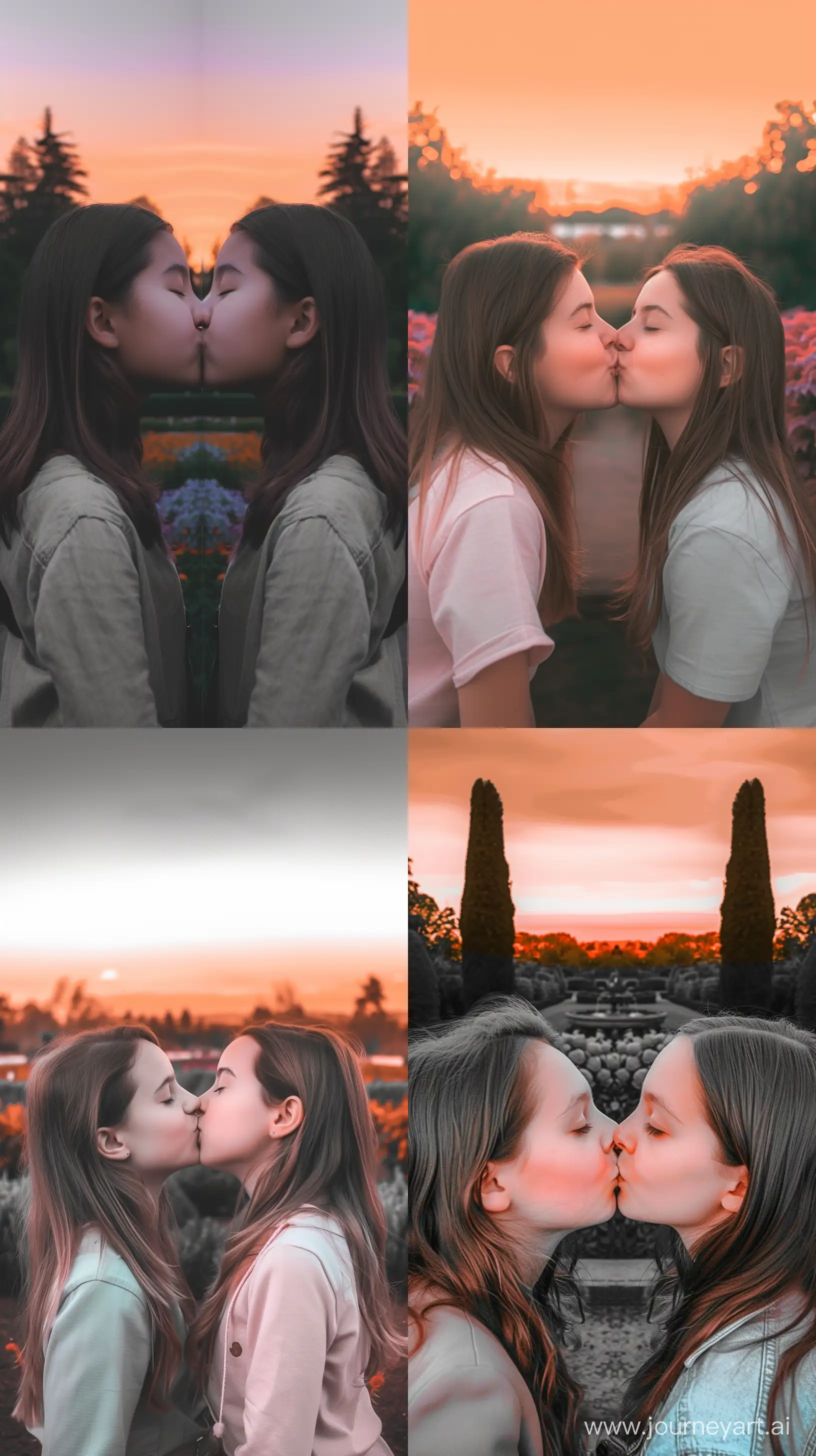 Two girls kiss each other from the sides and meet in the middle and in the background a garden and in the sunset, soft colors, dynamic colors, VHS effect, Depth of Field photography. The colors that prevail on the image are orange, gray, pink, light blue. Without any distortion, harmonized. --ar 9:16 --s 0 --style raw --v 6 