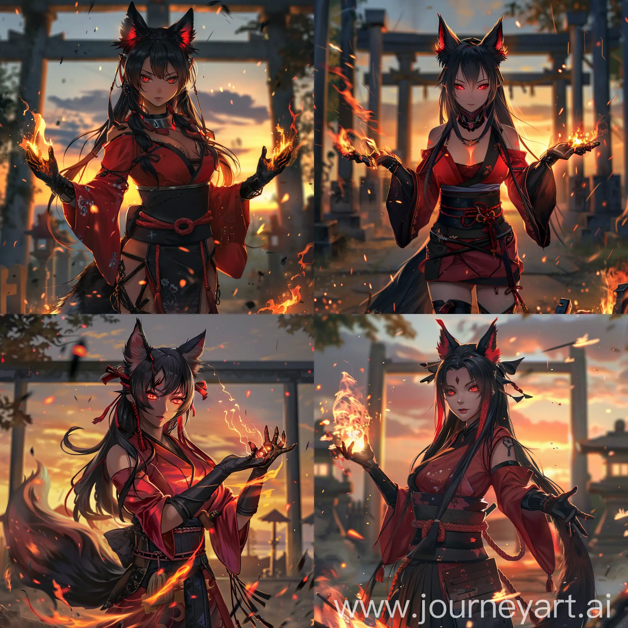 anime-style, full body, athletic, beautiful, tan skin, asian woman, long black hair with red highlights, black fox ears with red tips, black fox tail with red tip attached to her waist, fiery red eyes, wearing a red kimono, black hakama, black sash, long black gloves, black leather boots, casting fire magic, hands wrapped in fire,  good anatomy, dynamic, embers falling in foreground, shinto shrine, sunset