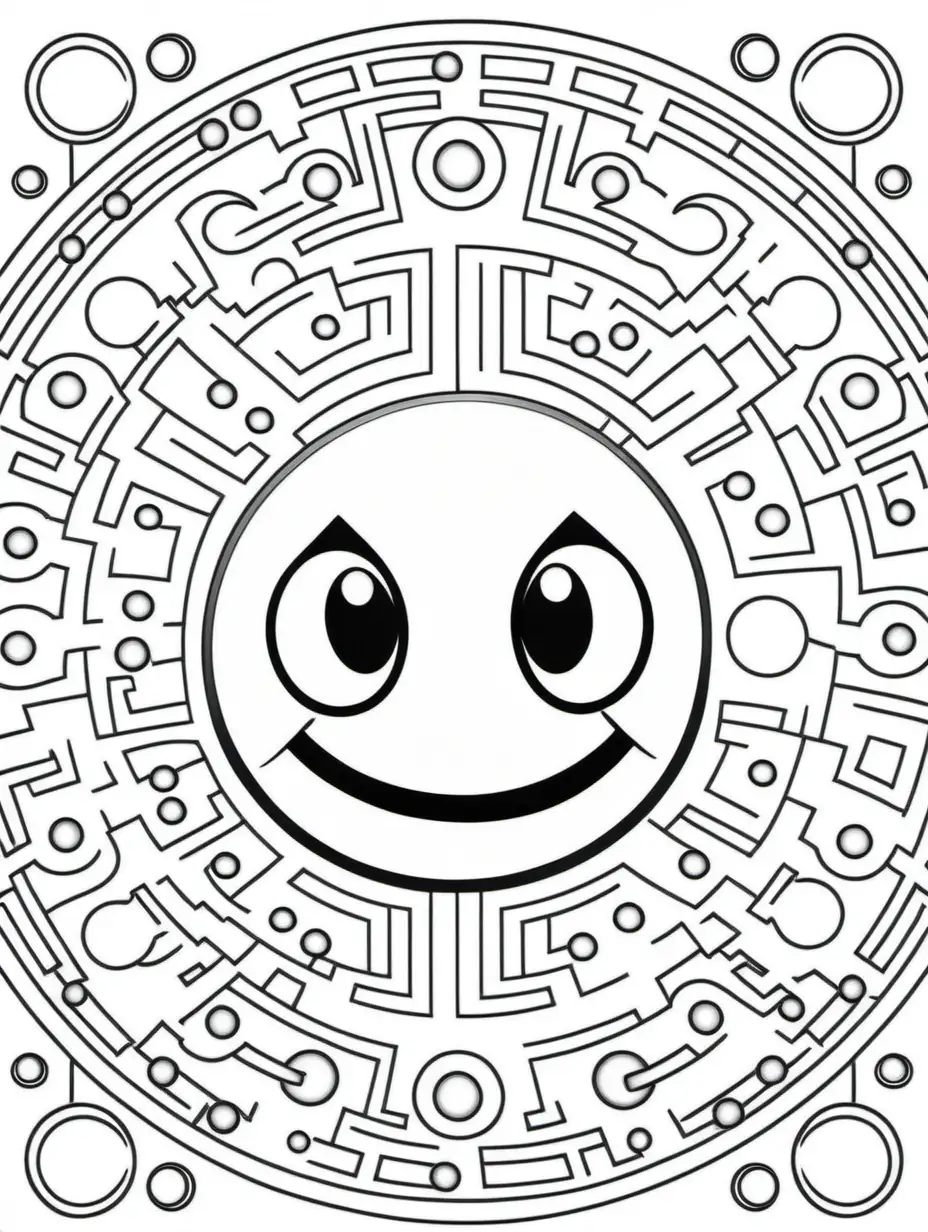 adult coloring book, clean black and white, single line, mandala in the shape of pac-man