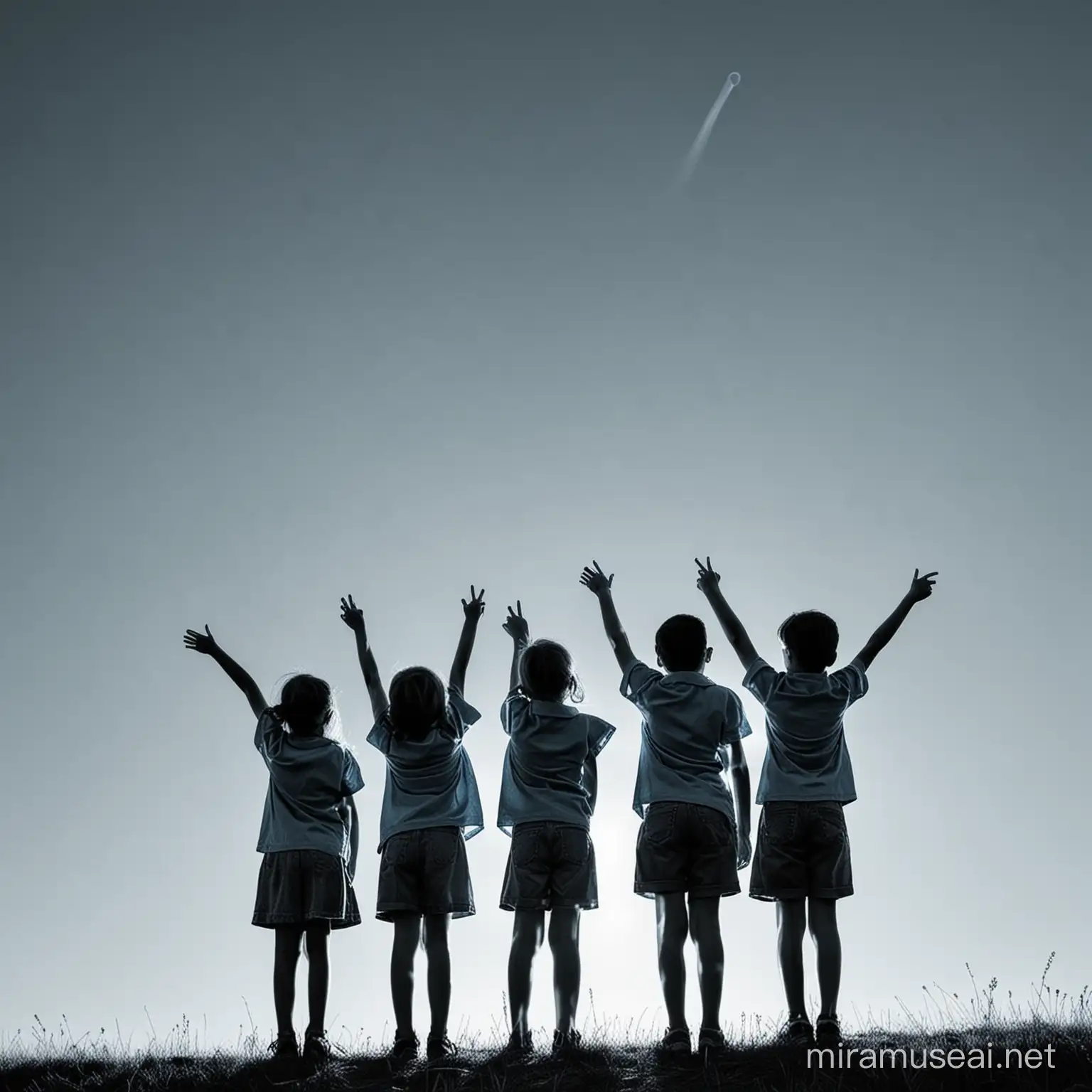 a picture showing the back of four children pointing to the sky in blue tone