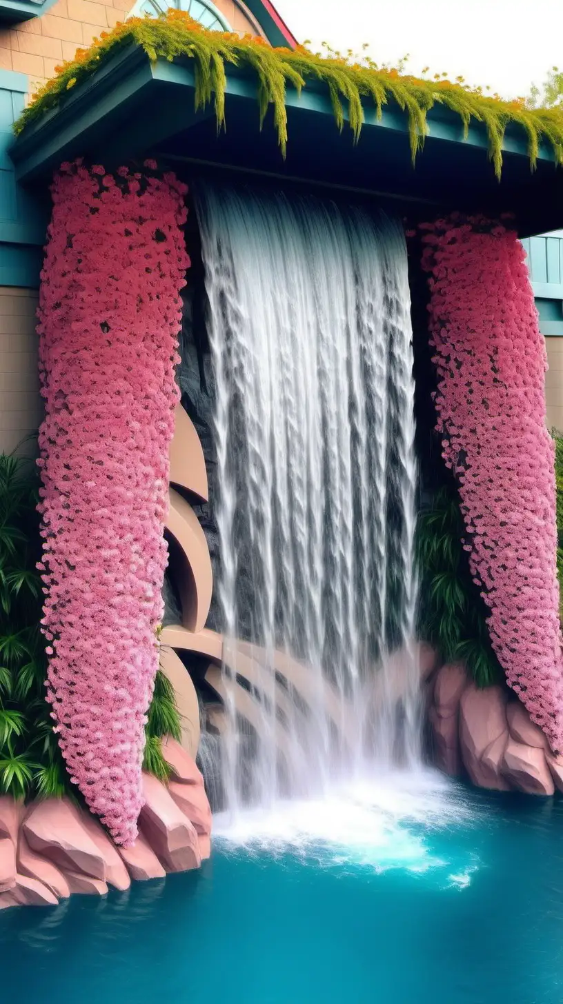 Enchanting DisneyStyle Waterfall Amidst Blooming Flowers