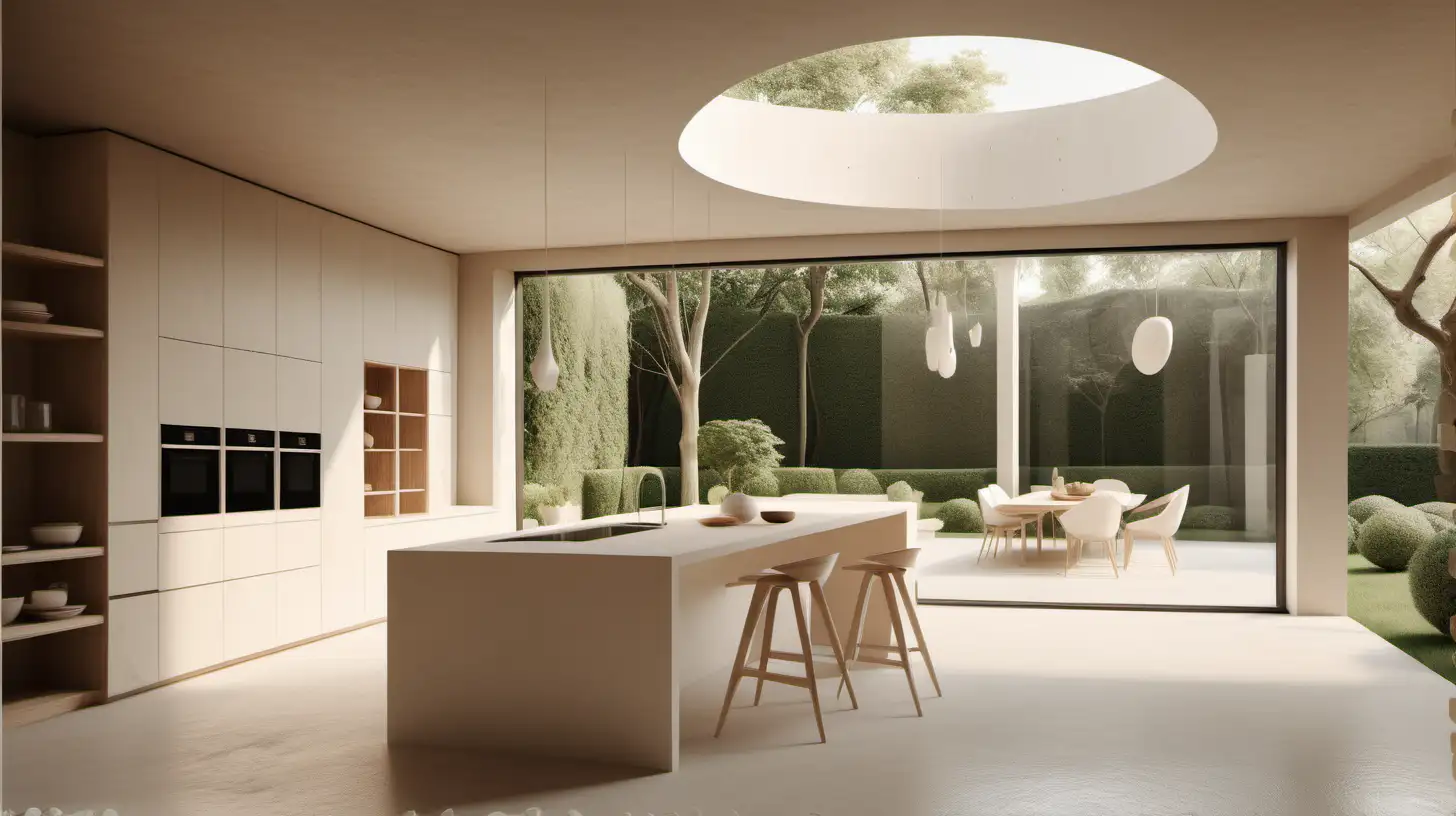Imagine and organic minimalist futuristic kitchen with double height ceilings; plaster; ivory; beige; blonde oak; beautiful view of the garden through the window;