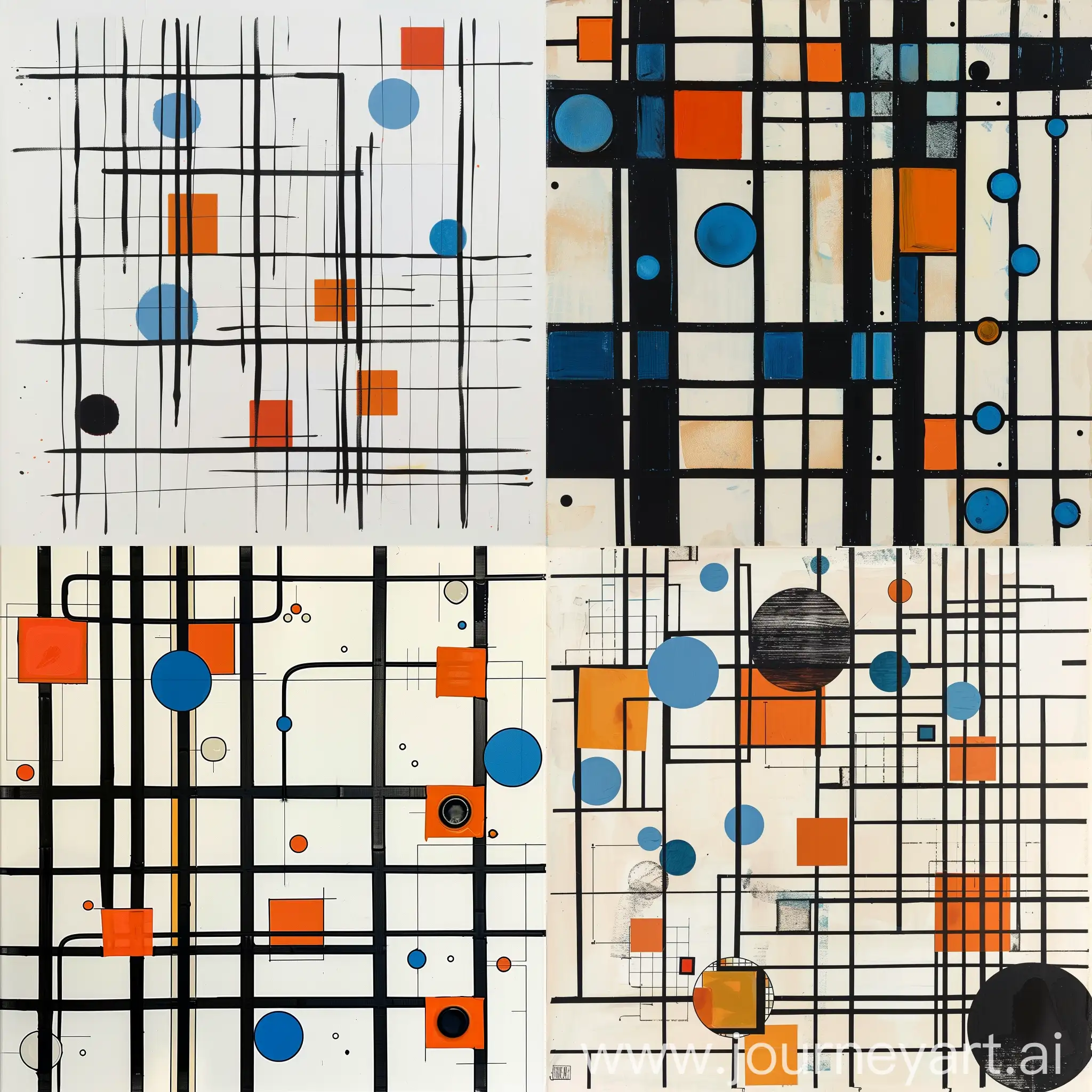 Abstract-Geometric-Art-Black-Lines-Orange-Squares-Blue-Circles