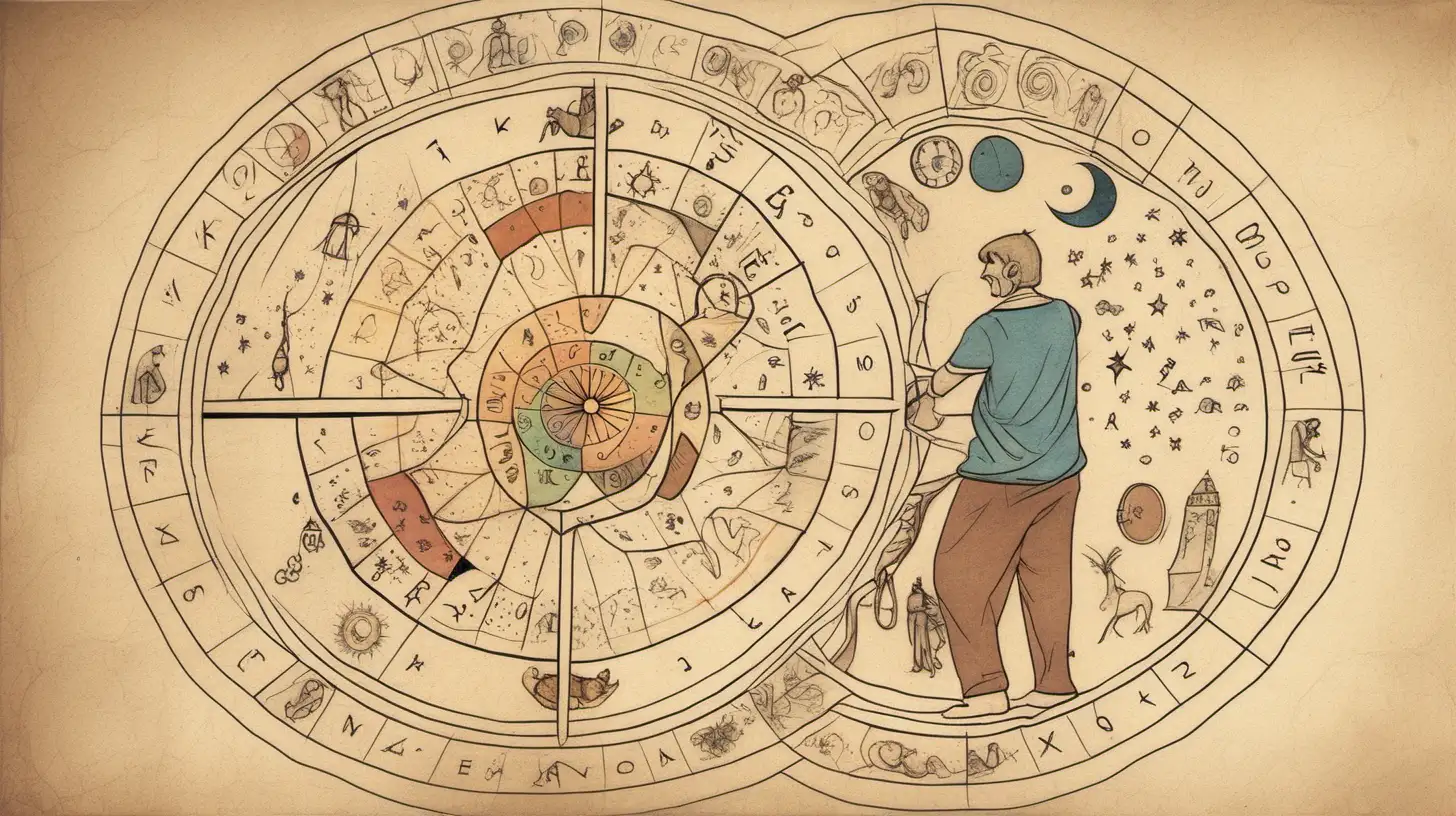 Draw an astrological wheel with young mans , loose lines , Loose lines. Muted color, add a banner with text write on it 'erkekler neden böyle?'