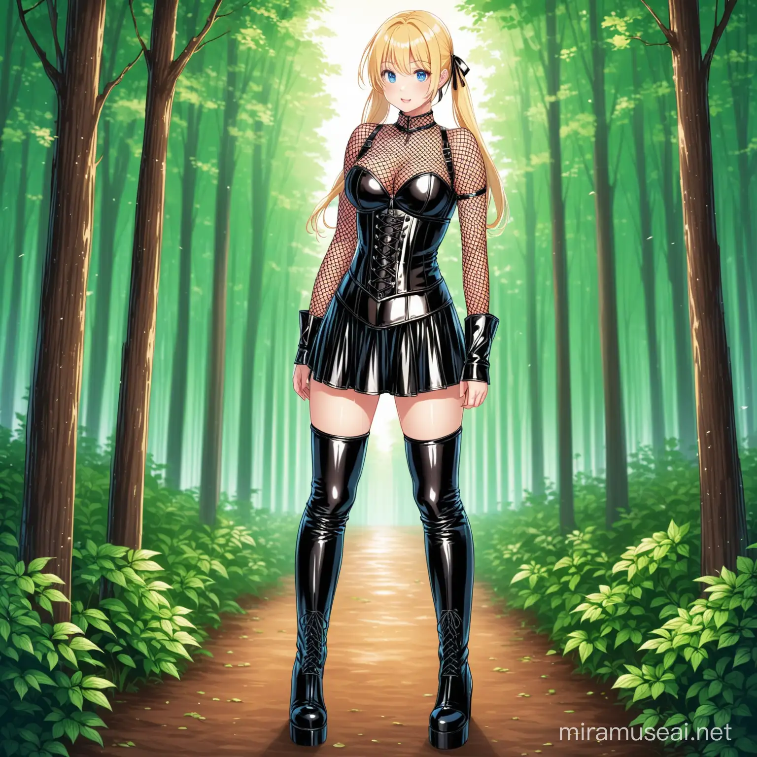 A cute woman with long blonde pigtails, blue eyes, wearing a fishnet top, leather corset and latex skirt, knee high leather boots, standing a forest.
Negative 