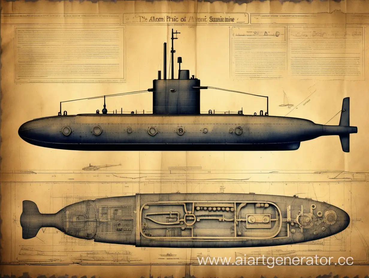 Чертеж атомной подводной лодки изображённый на потрёпанной бумаге с коричневым оттенком