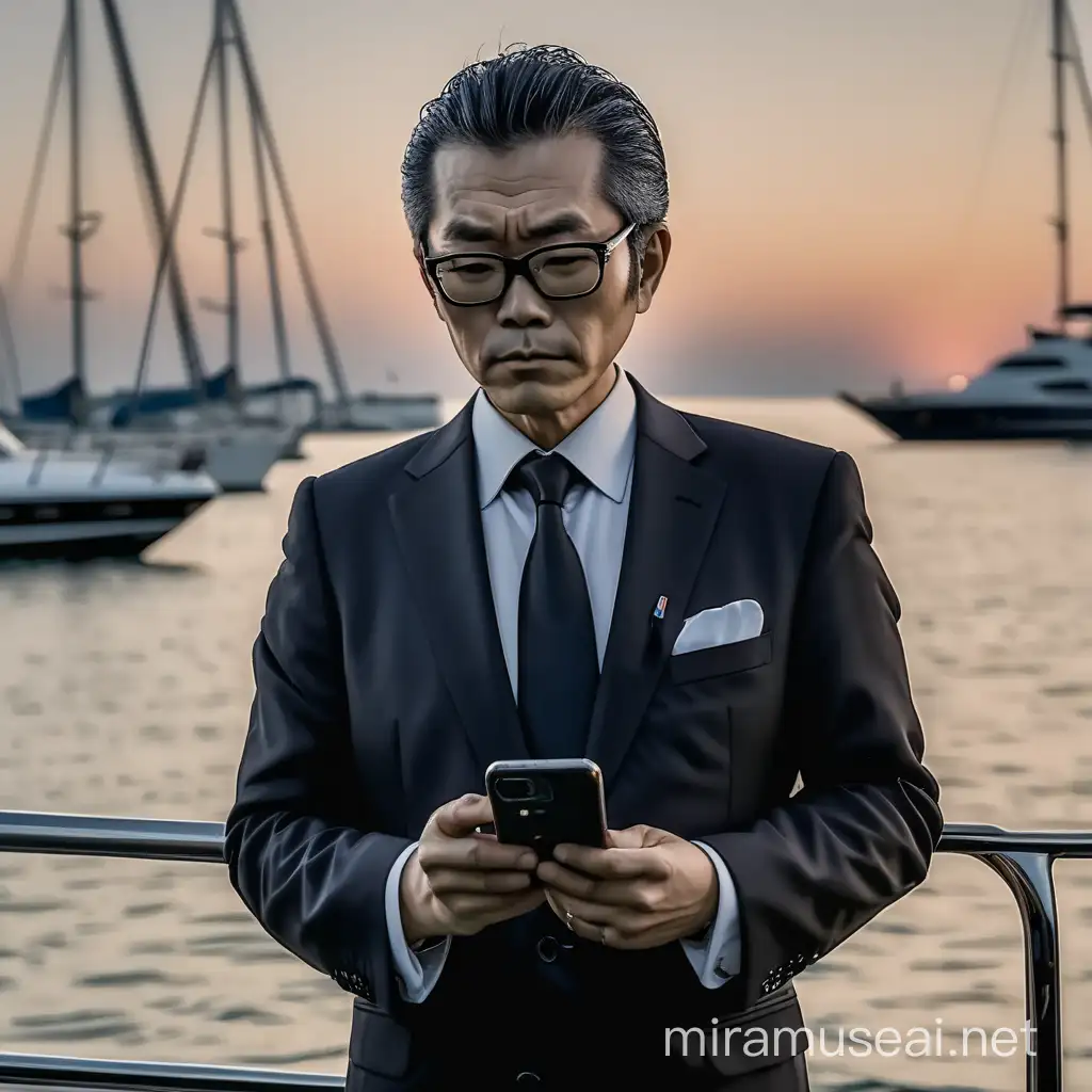 A middle aged japanease  man, slick hair. He is standing on a yacht at dusk .he wears black eyeglasses and black suit and holds a smartphone. Medium shot