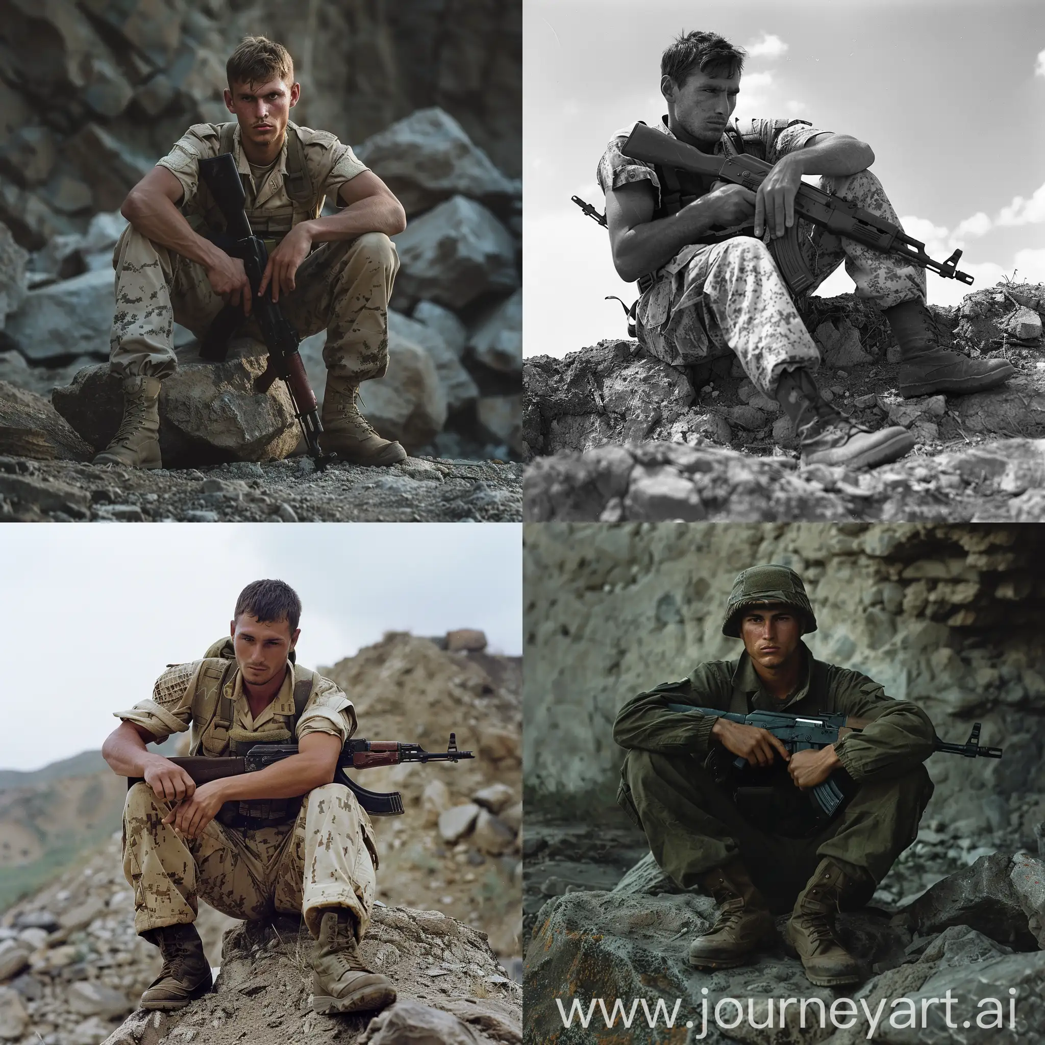 A soldier sits on a rock, leaning slightly to the left. He puts a Kalashnikov on his hips, holding the gun in his hands