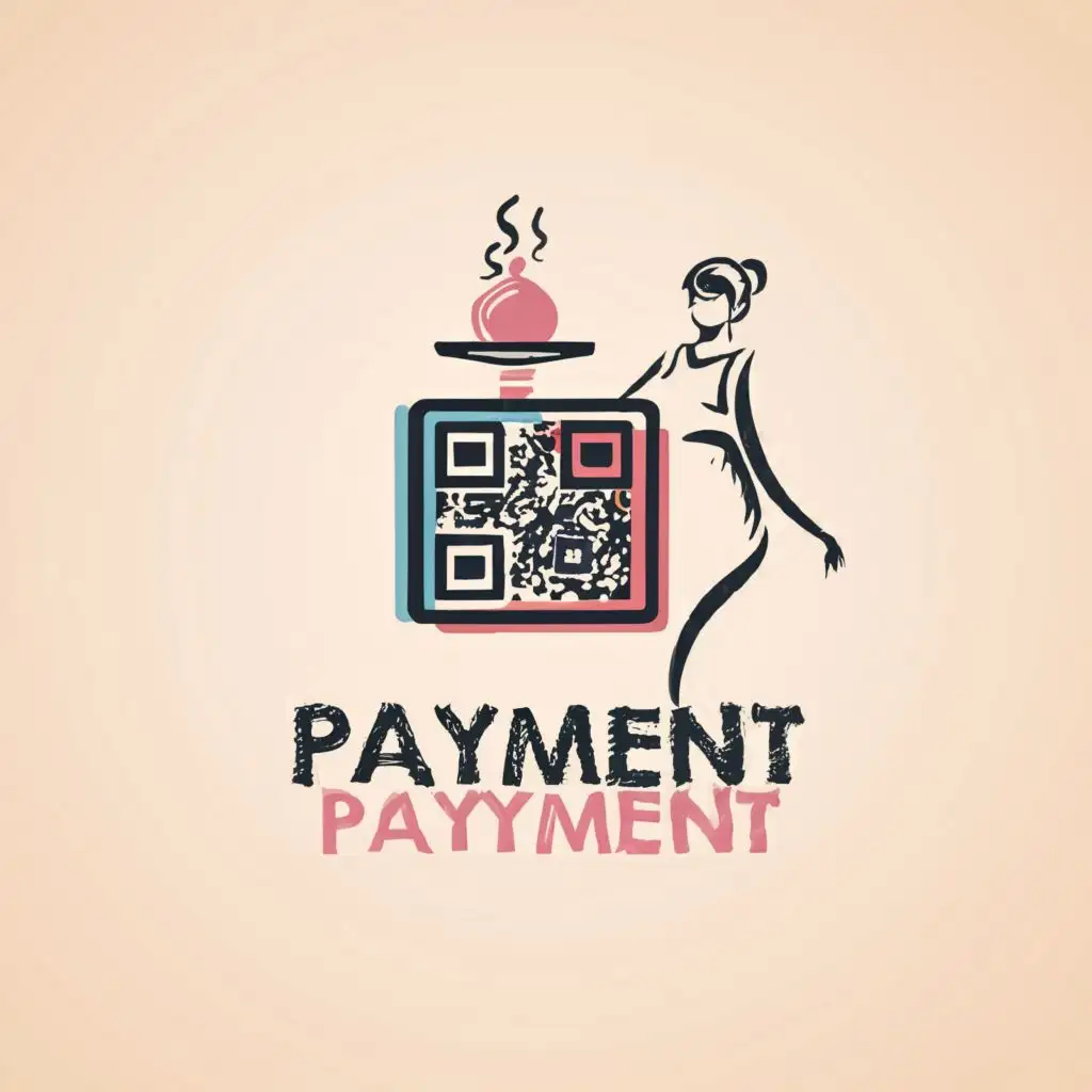 logo, waitress qr code square ink drawn minimalistic blue pink, with the text "payment", typography, be used in Restaurant industry