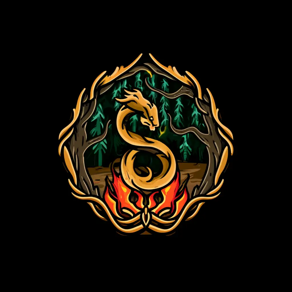 a logo design,with the text "Serpent", main symbol:Gold serpent with fire, forest background. Dark color with bravery atmosphere.,Moderate,be used in Retail industry,clear background