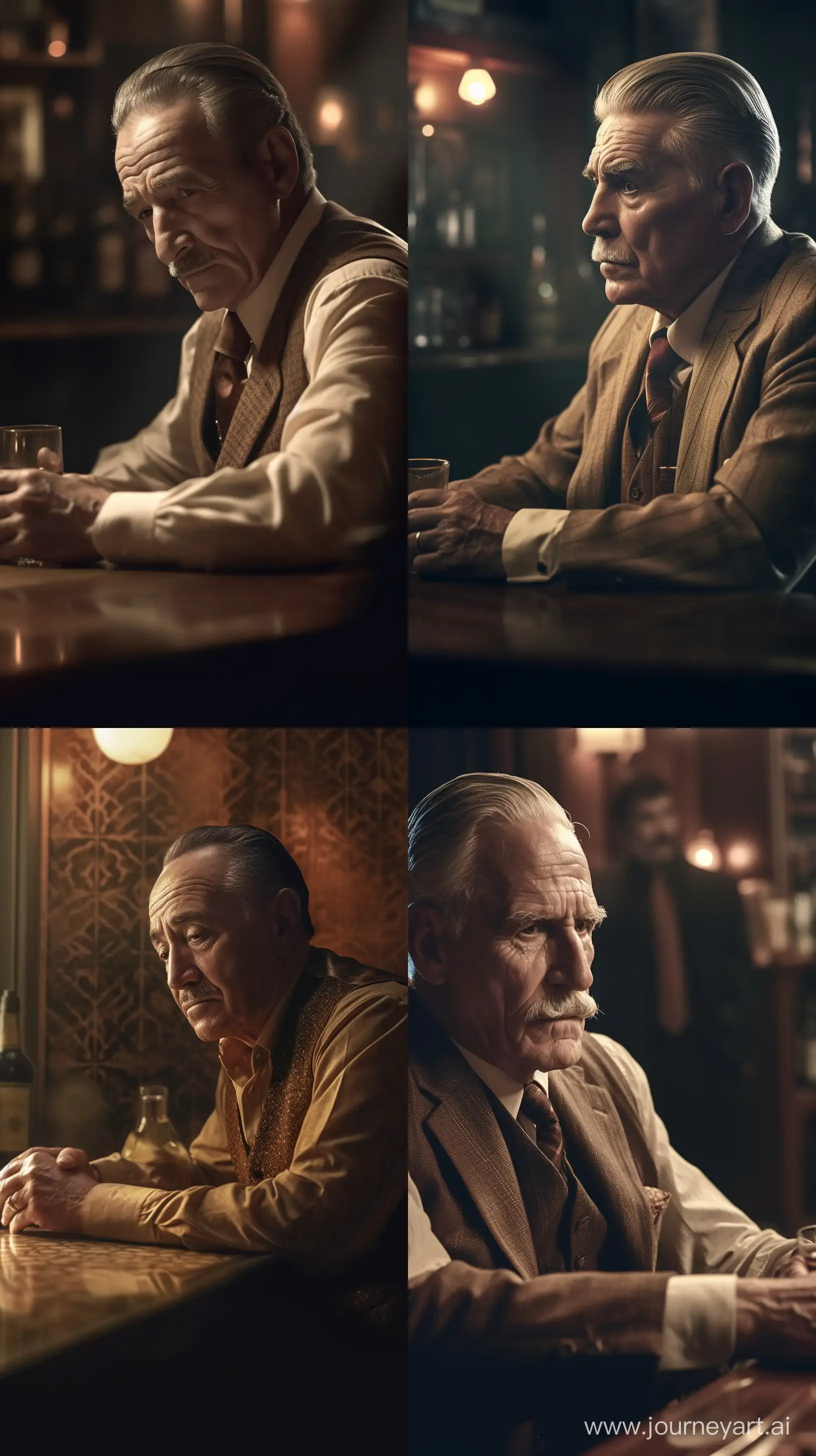 Old male mobster inside a bar smoking tobacco, intricate design, and details, dramatic lighting, hyperrealism, photorealistic, cinematic, cinematic noise, 8k, sepia --ar 9:16 --v 5