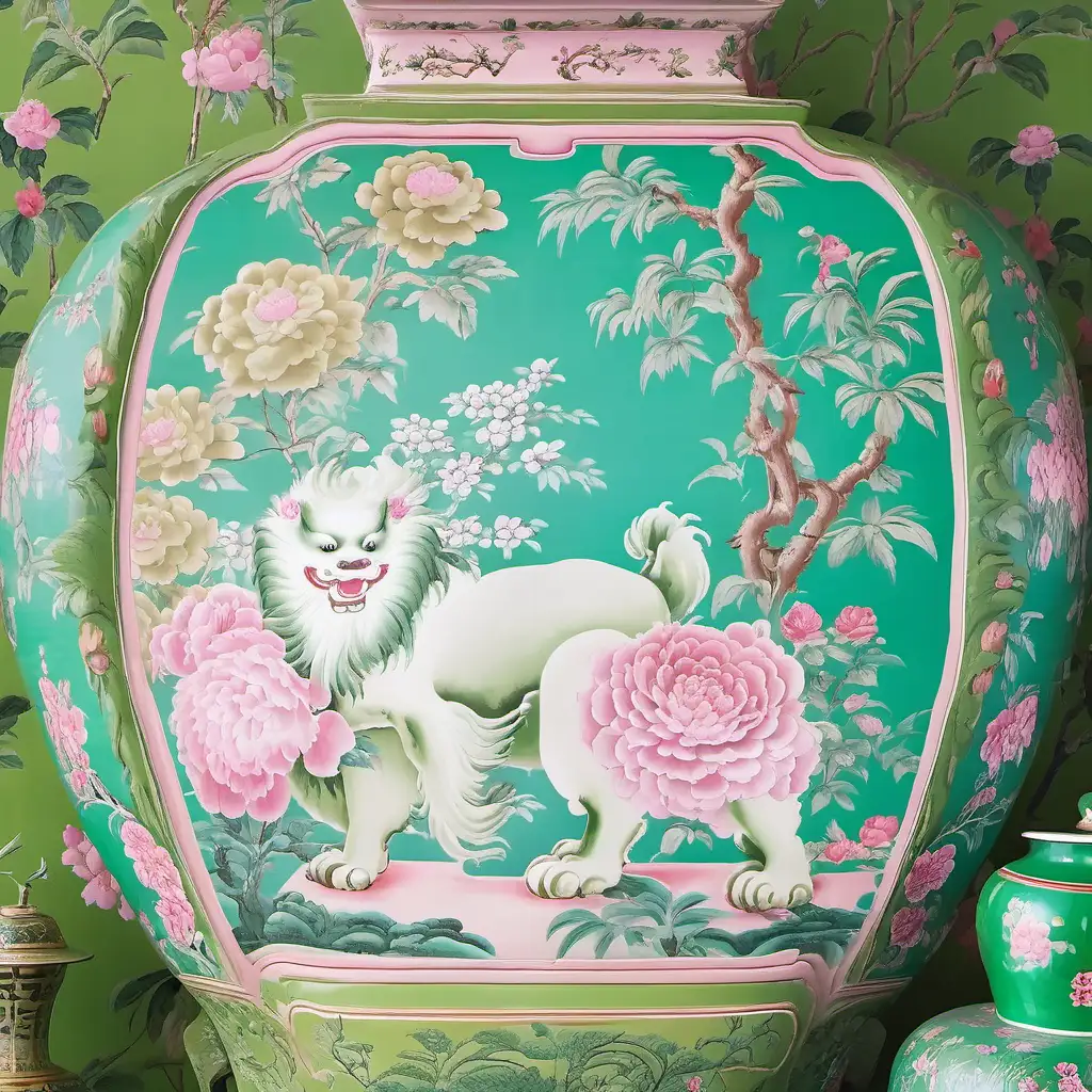 Green chinoiserie wallpaper, vintage floral vase of roses, pink foo dogs